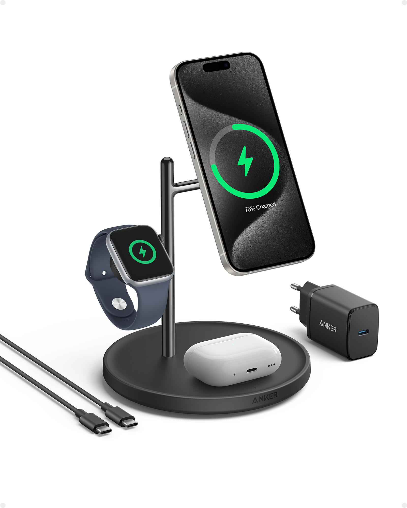Schwarzes kabelloses Ladegerät mit Telefon, Uhr und AirPods. Telefon zeigt das Laden an. Weißer Hintergrund.