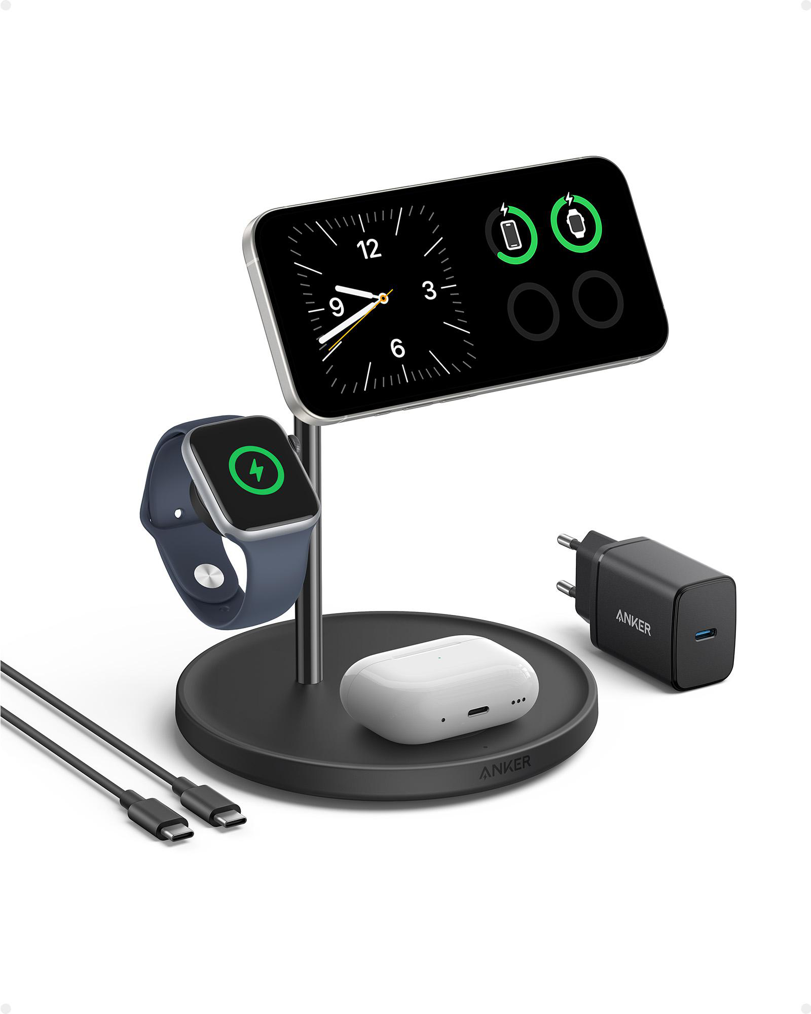 Schwarzes kabelloses Ladegerät mit Telefon, Uhr und AirPods. Telefon zeigt die Uhrzeit an. Weißer Hintergrund.