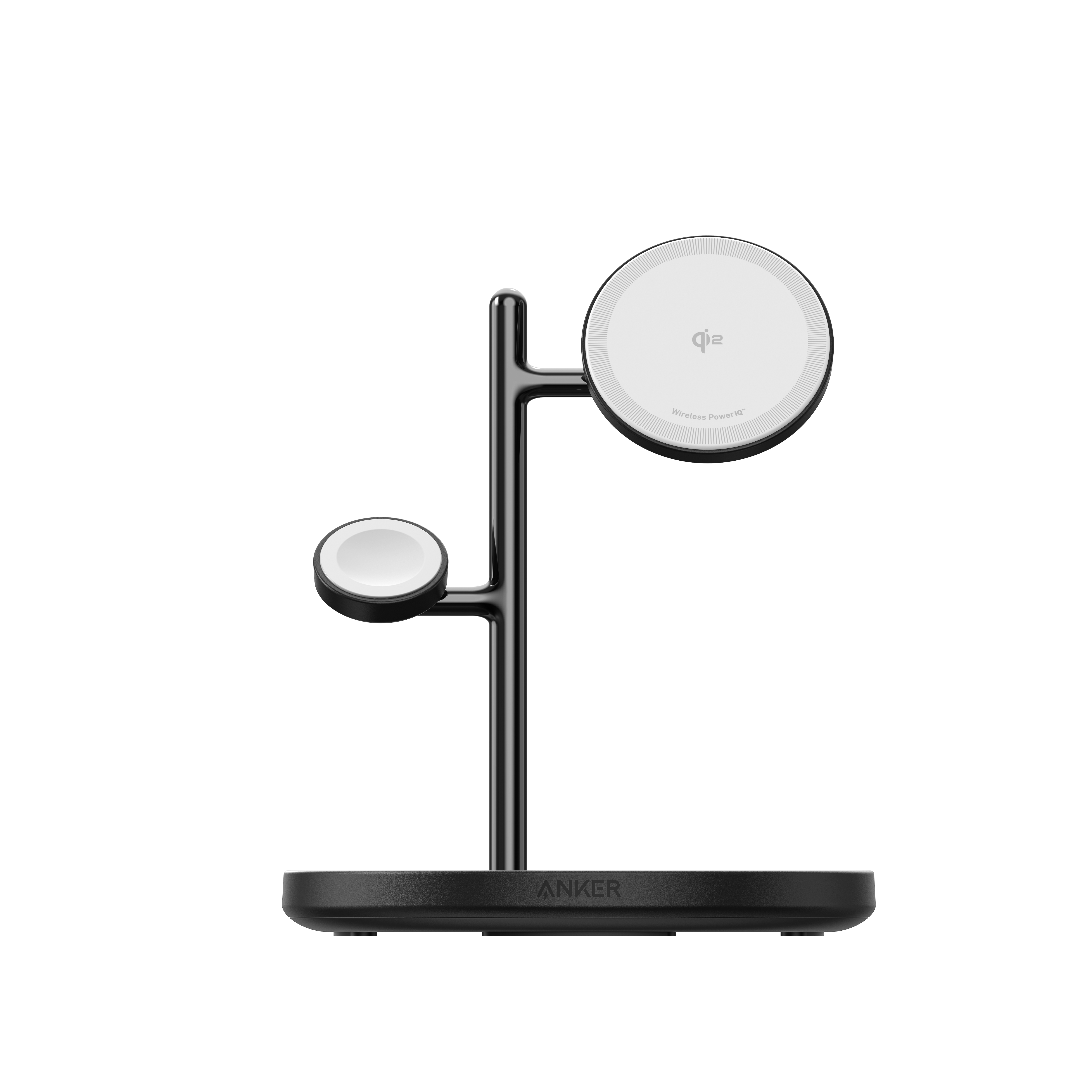Schwarzes kabelloses Ladegerät mit Ständer zum Aufladen von Telefon und Uhr. Weißer Ladebereich.