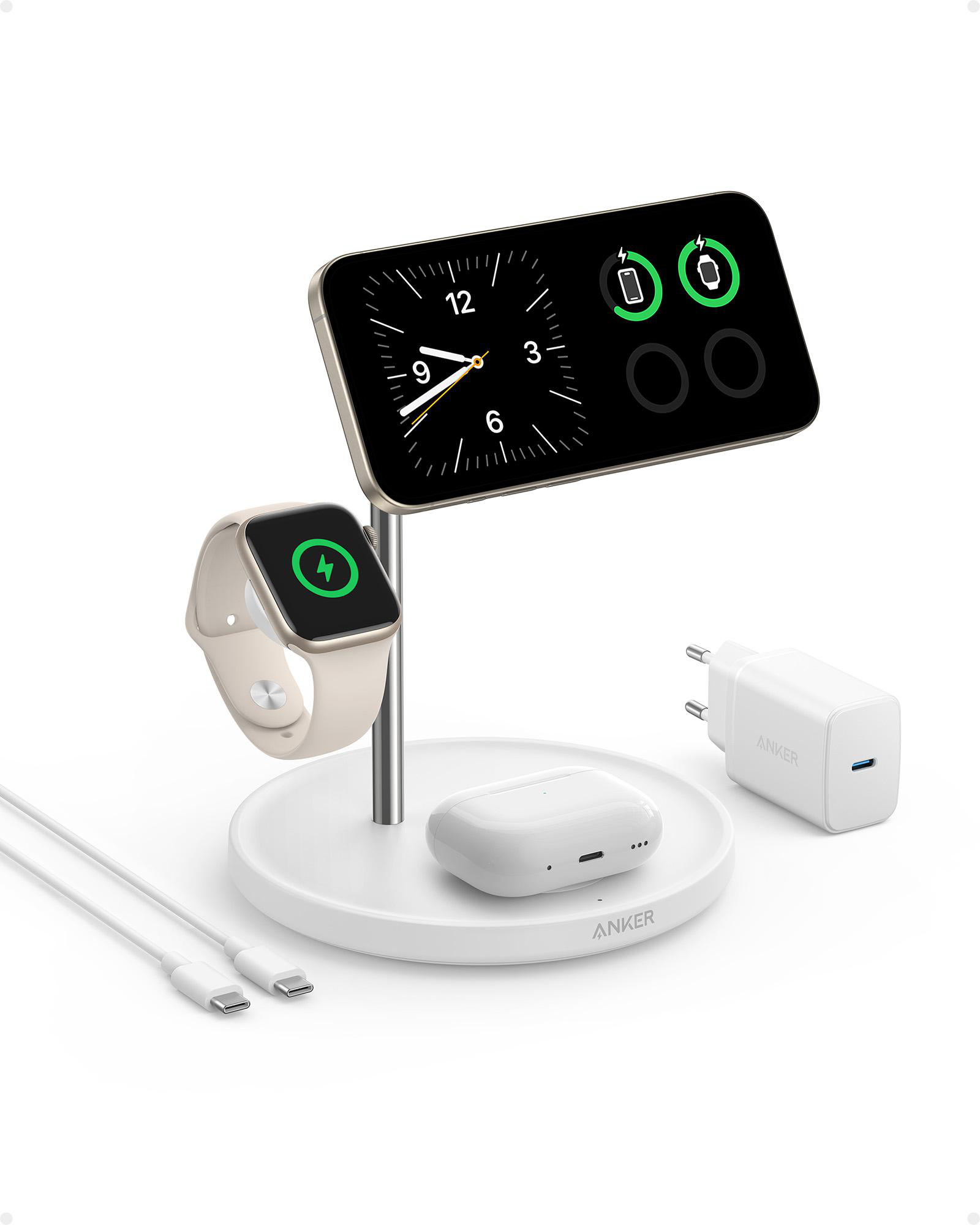 Weiße Ladestation für Apple Watch, AirPods und Telefon. Inklusive Kabel.
