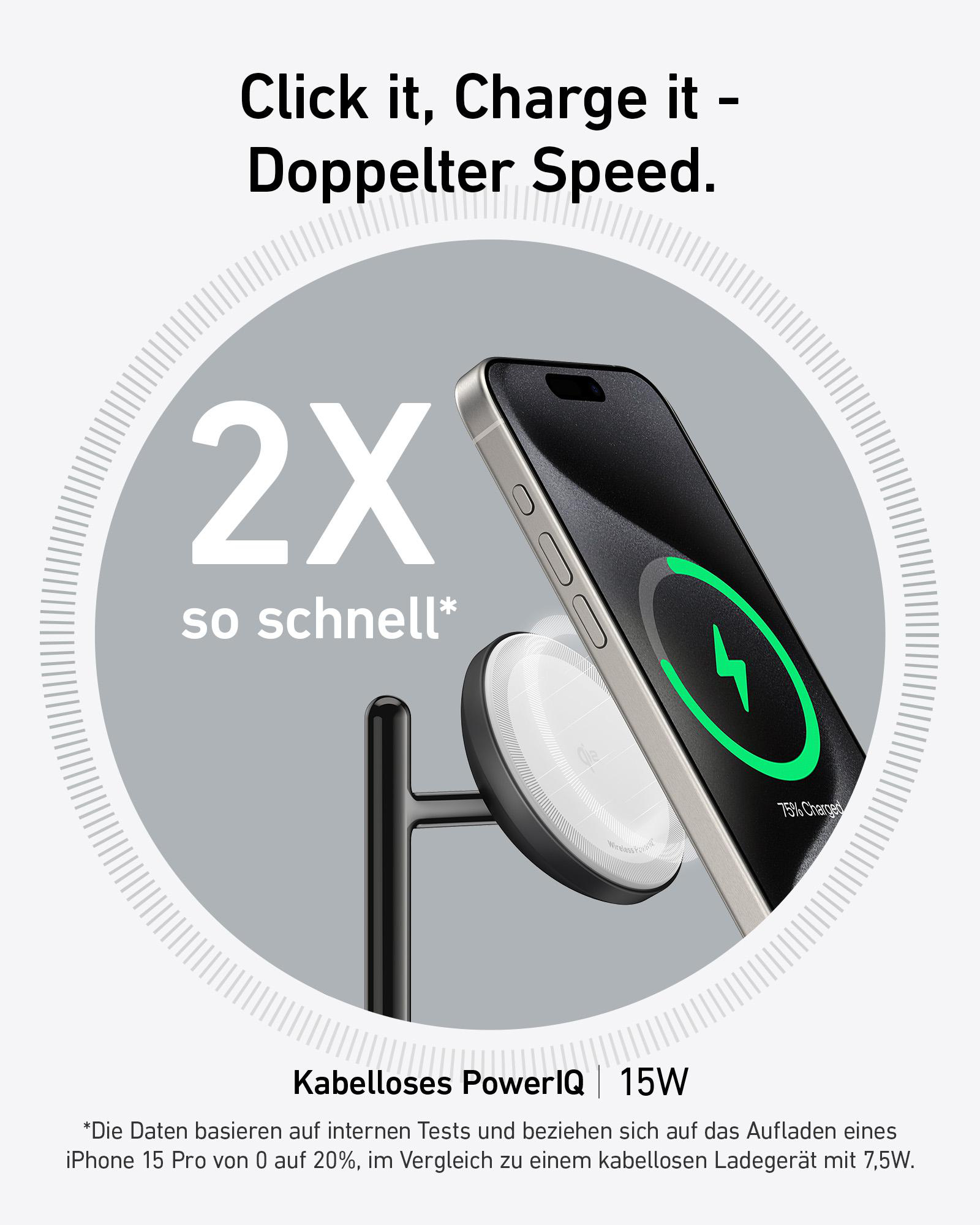 Ein Telefon, das auf einem Ladepad geladen wird. Text: „2X so schnell“ und „Kabelloses PowerIQ 15W“.