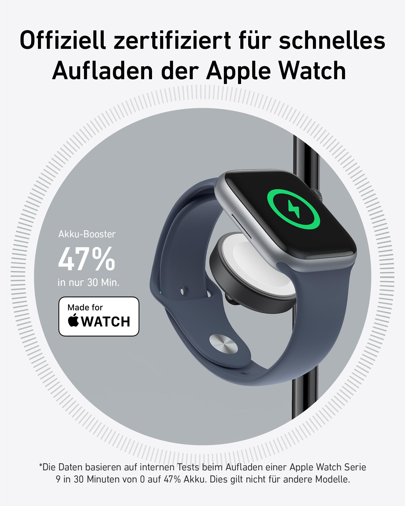 Apple Watch auf Ladegerät mit Batterie-Symbol. Text: 47 % in 30 Min. Hintergrund: Grauer Kreis.