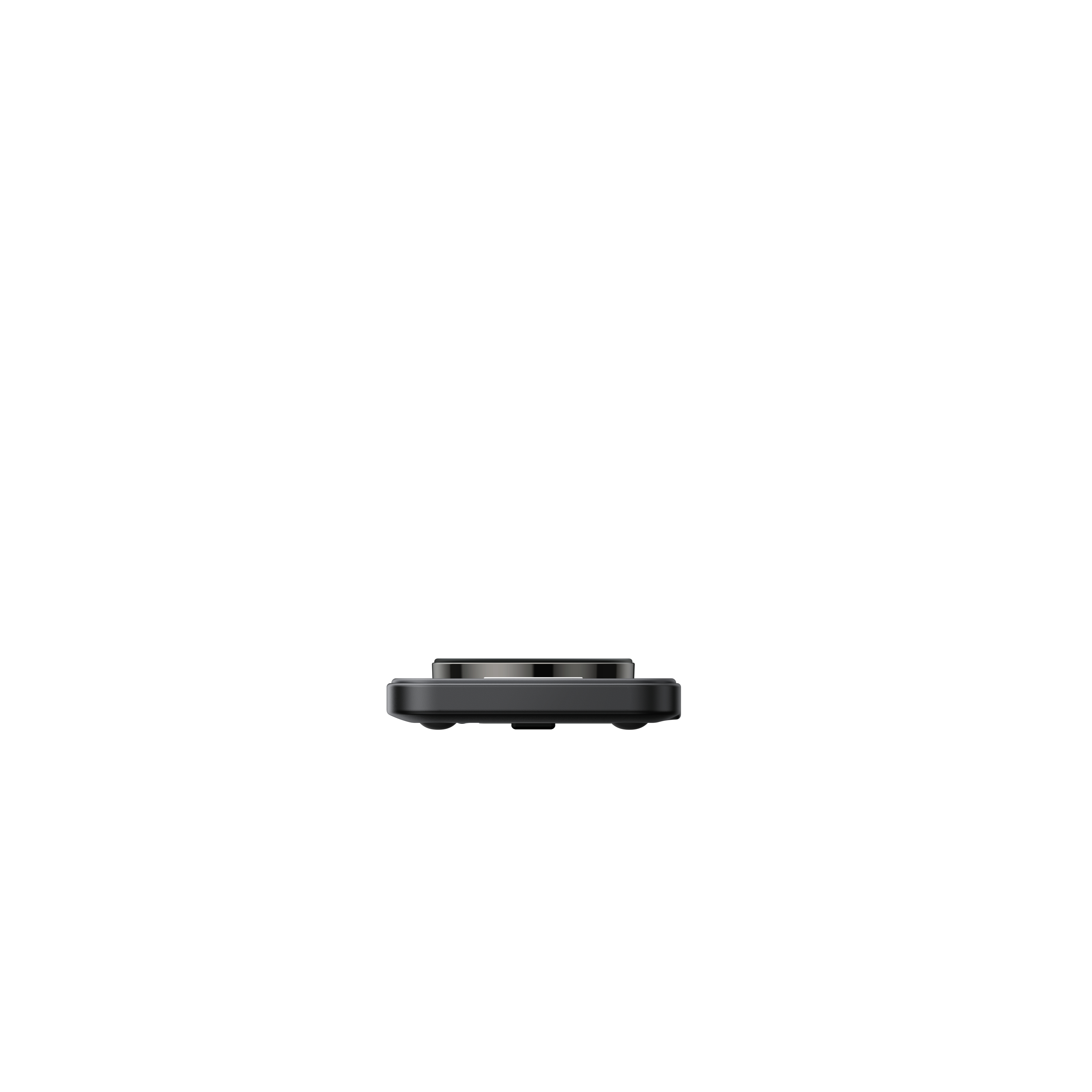 Schwarzes, kreisförmiges Gerät. Es hat eine glänzende Oberseite und eine matte schwarze Basis. Weißer Hintergrund.