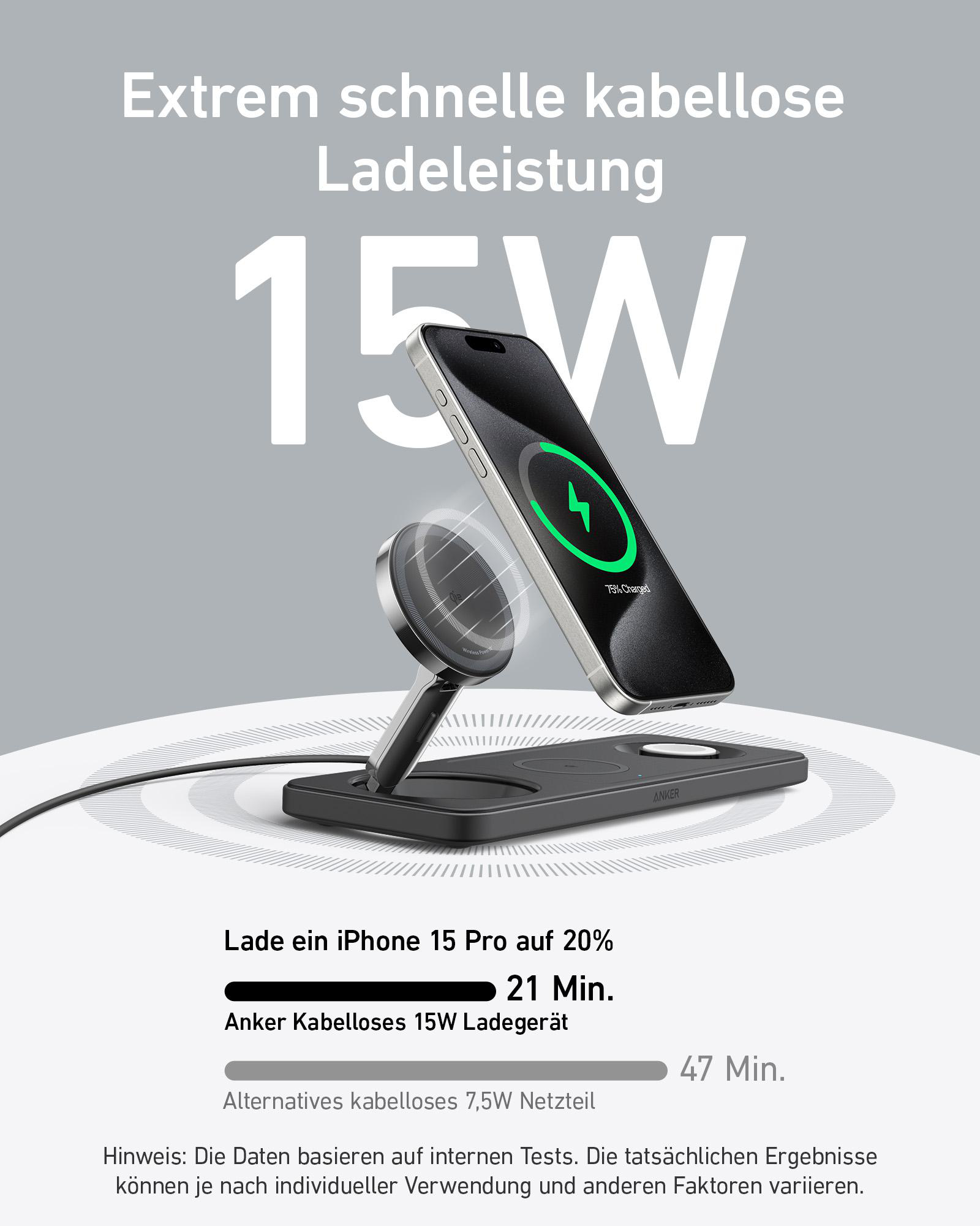 Kabellose Ladestation mit Telefon, Ladevorgang und kleinem Ständer.