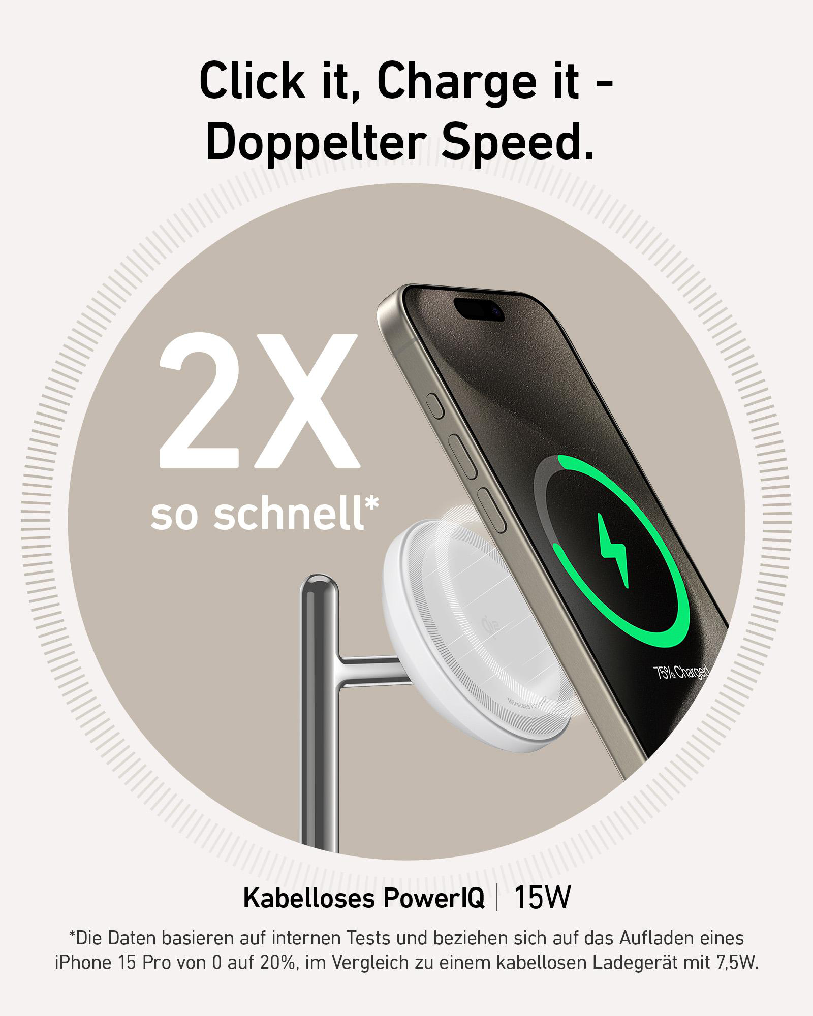Telefon wird auf einem kabellosen Ladeständer geladen. Grüne Ladeanzeige wird angezeigt.