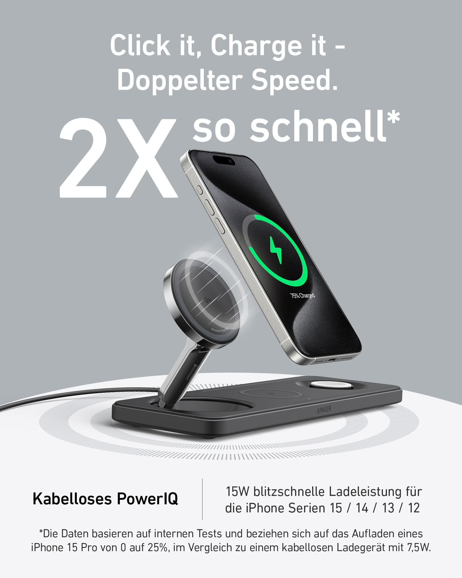 Telefon, das auf einem kabellosen Ladepad mit magnetischem Ladegerät geladen wird, mit Werbetext auf Deutsch.