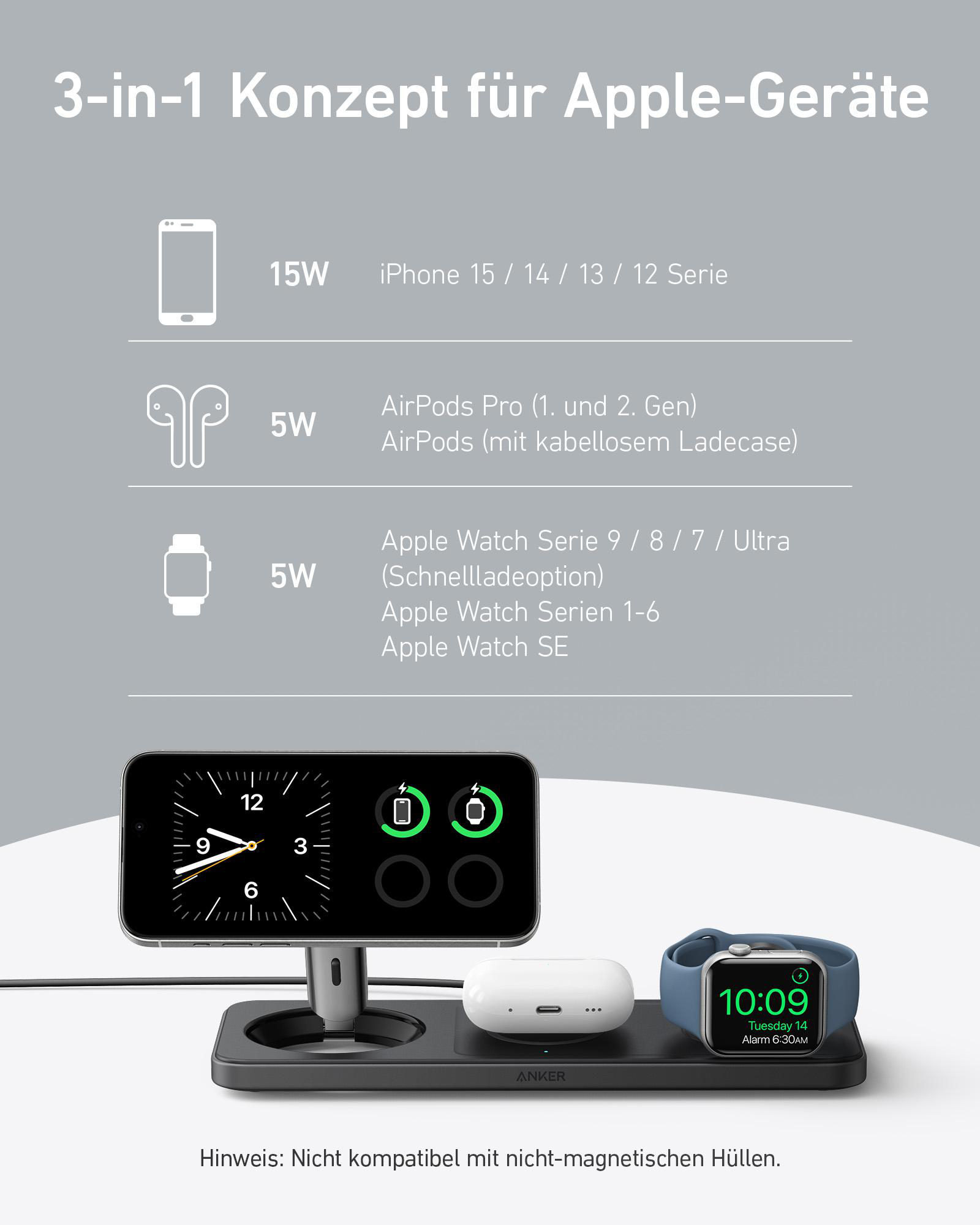 Eine Ladestation für Apple-Geräte: iPhone, AirPods und Apple Watch, auf weißem Hintergrund.