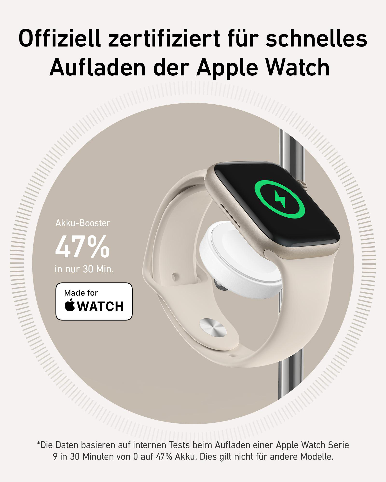 Eine Apple Watch, die auf einem kabellosen Ladegerät geladen wird. Cremefarbe, mit grünem Ladesymbol.