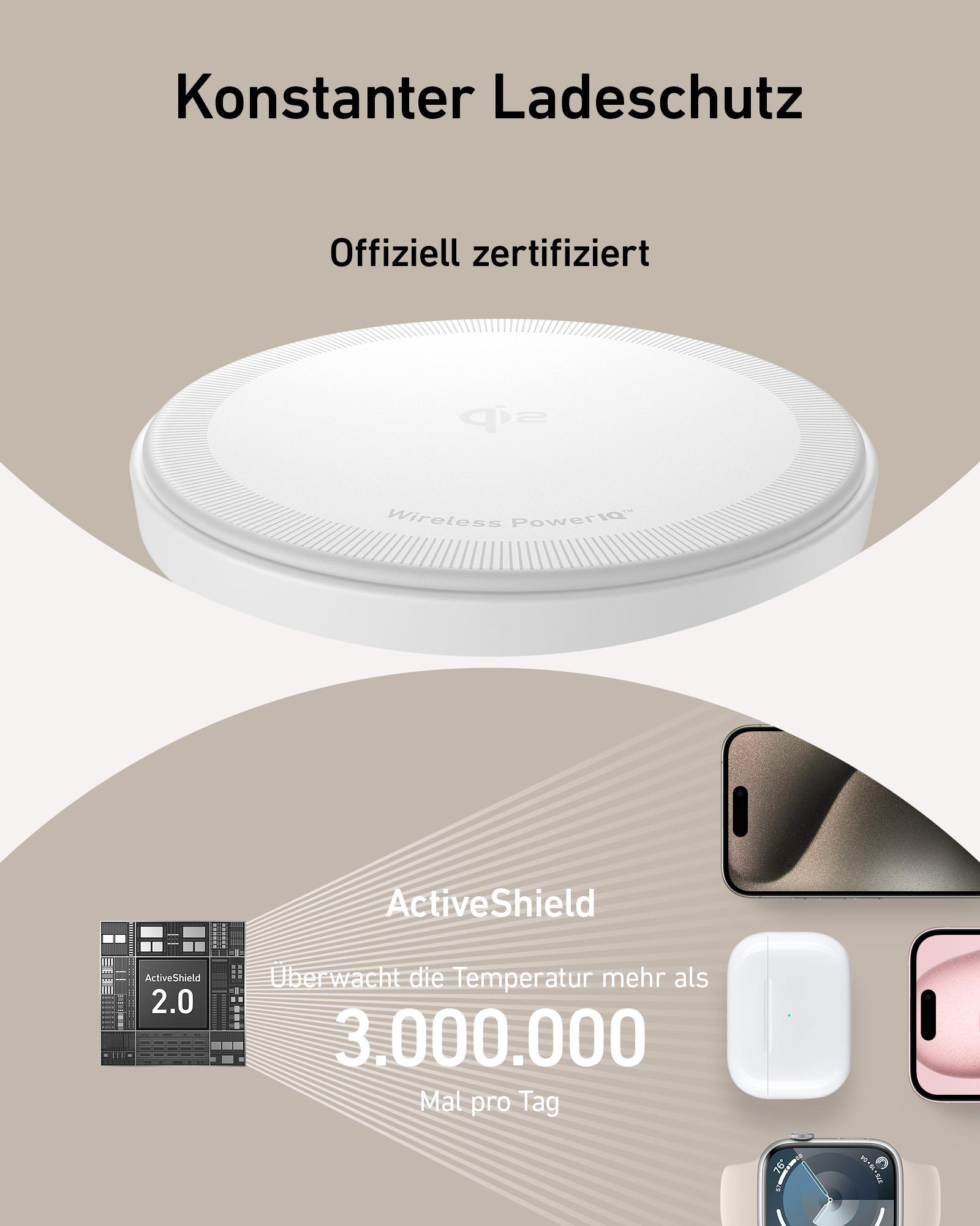 Ein weißes kabelloses Ladegerät mit Telefon, Ohrhörern und einer Uhr.