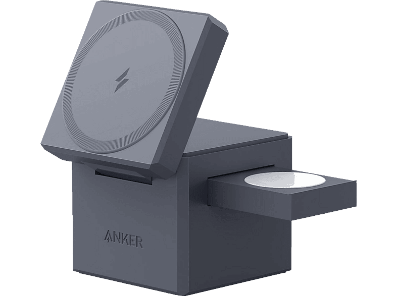 Anker 3-in-1 Cube mit MagSafe, Grau; Magnetisches kabelloses Ladegerät