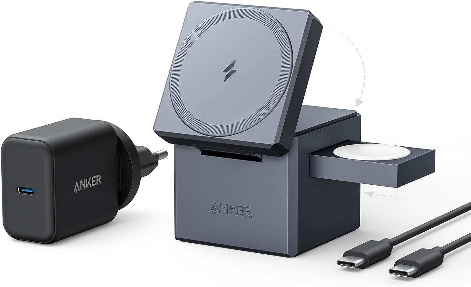 Anker-Ladegerät: schwarzer Adapter, graue Ladestation und zwei schwarze USB-C-Kabel.