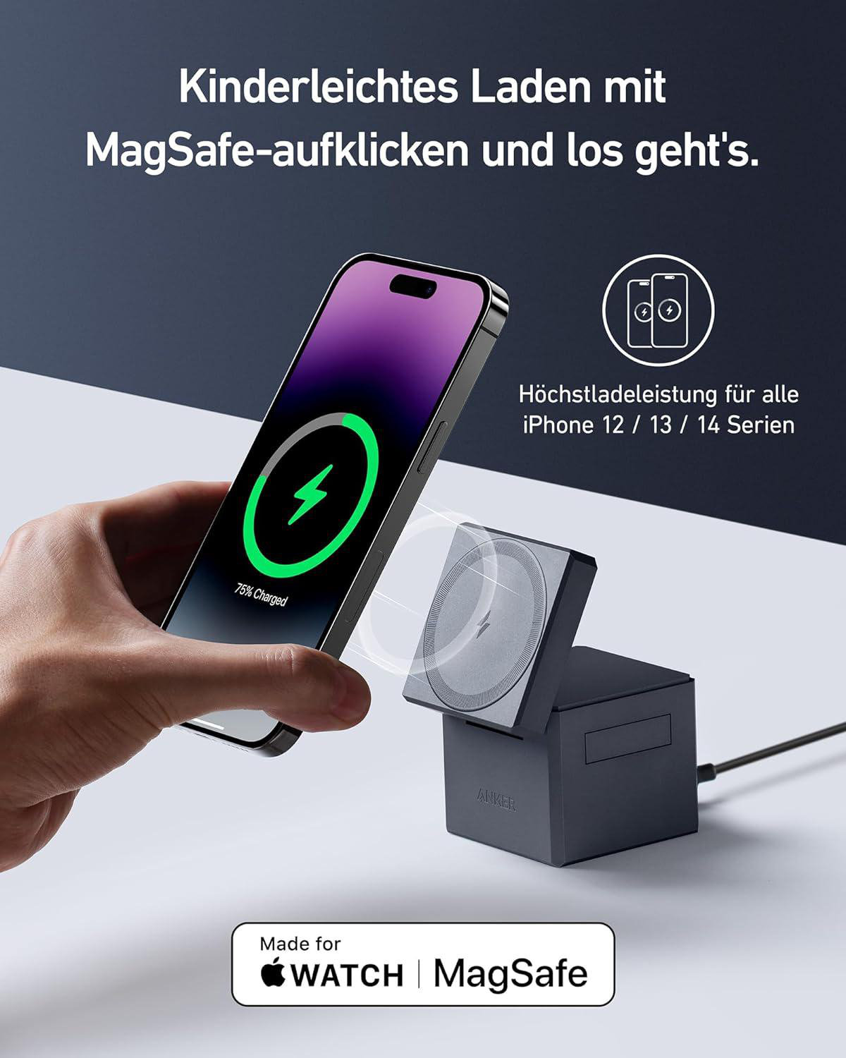 Hand hält Telefon, das drahtlos mit einem magnetischen Ladegerät geladen wird. Text: MagSafe.