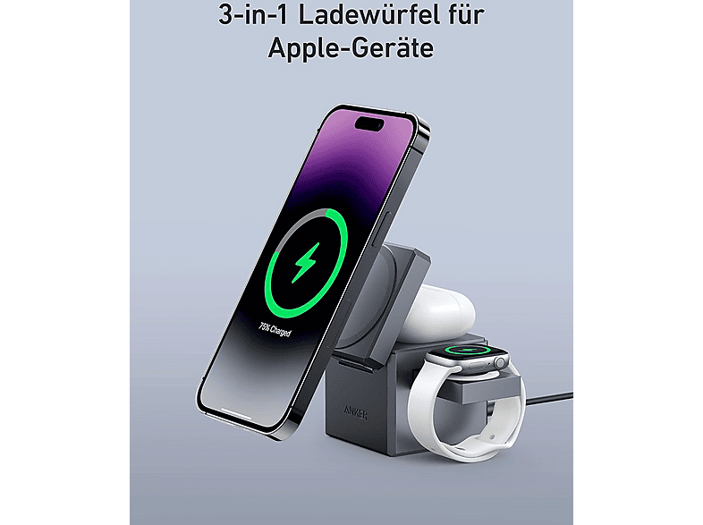 Anker 3-in-1 Cube mit MagSafe, Grau; Magnetisches kabelloses Ladegerät — Foto 2 von 5
