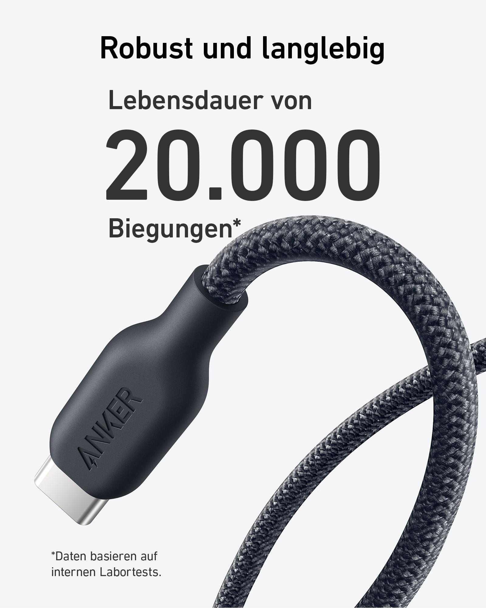 Nahaufnahme eines schwarzen Ladekabels. Das Kabel ist dick und geflochten.