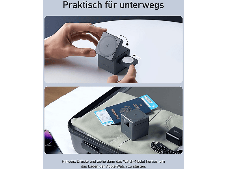 ANKER 3-in-1 Ladwürfel mit MagSafe Magnetisches kabelloses Ladegerät Universal, Grau