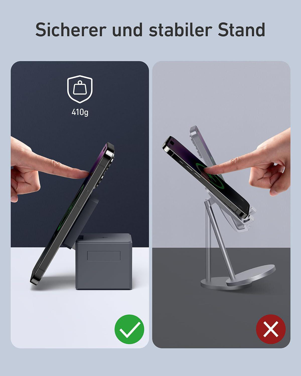 Telefon auf einem Ständer, Stabilitätsprüfung, mit grünen Haken und roten Kreuzsymbolen.