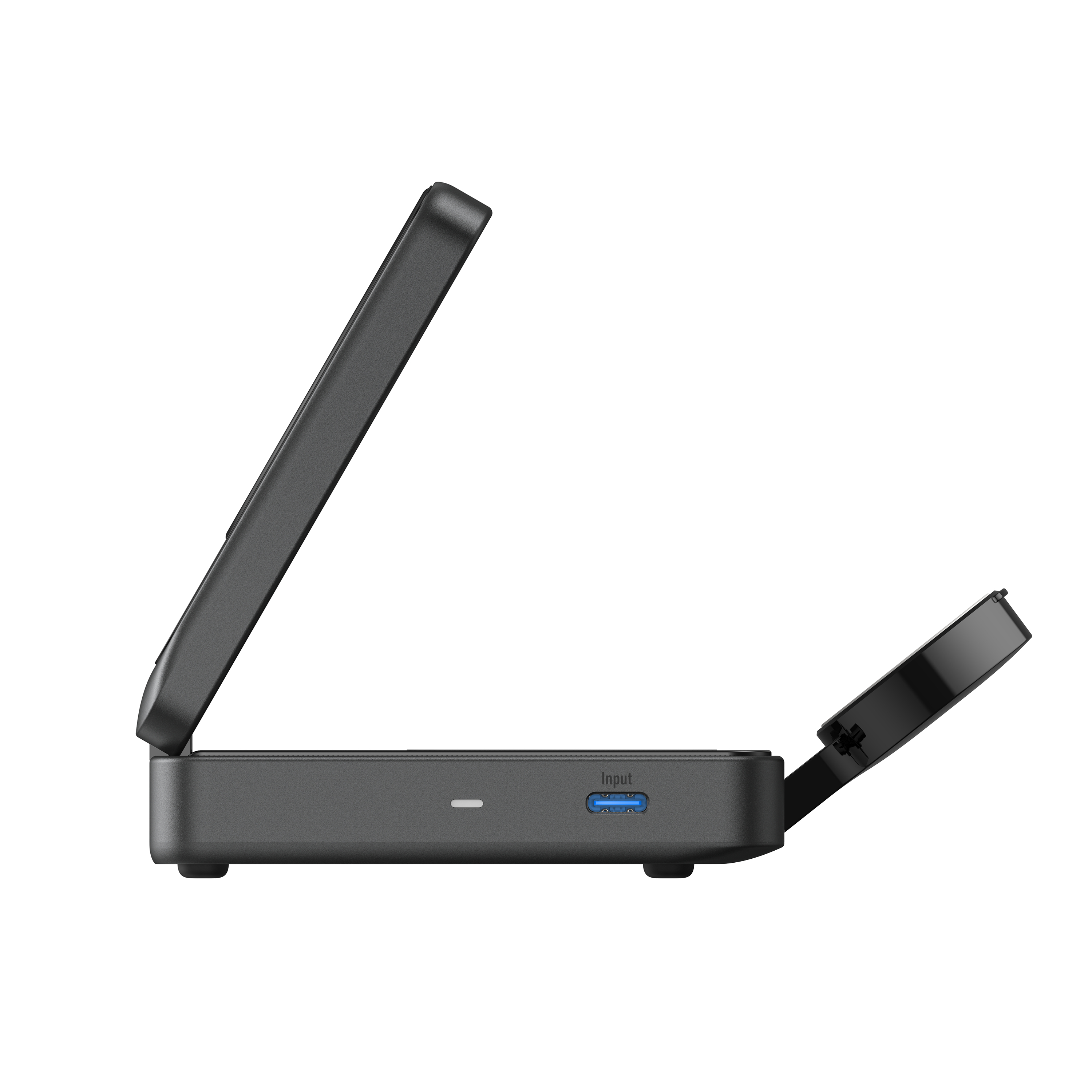 Eine Ladestation mit einem USB-Eingang. Die Station ist schwarz.