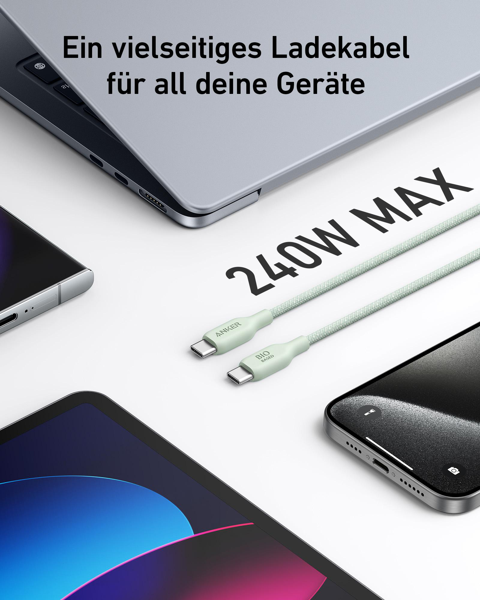 Ladekabel und Geräte: Laptop, Telefon und Tablet. Kabel sind mintgrün.