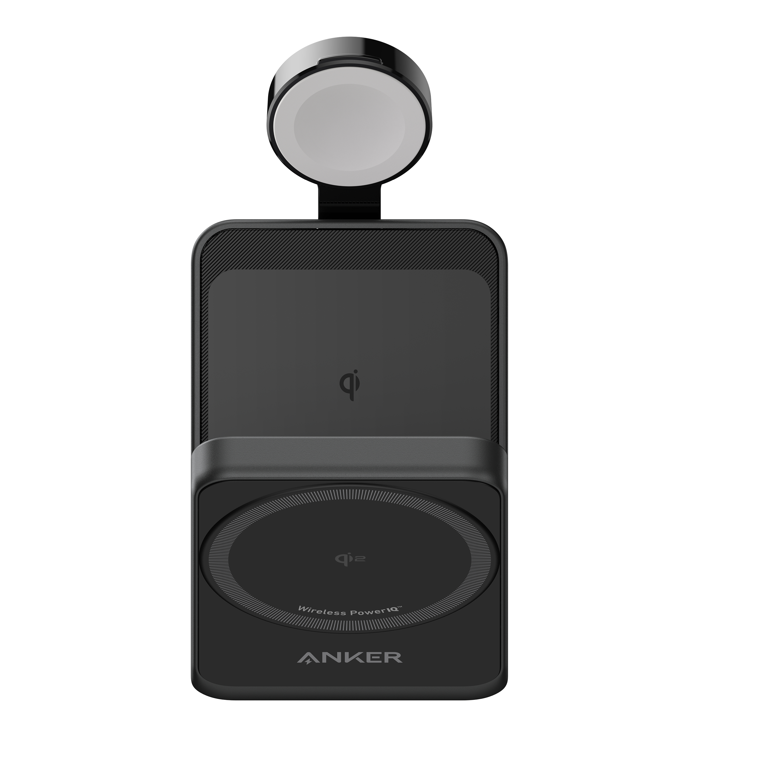Eine schwarze Ladestation mit Telefon und Uhr, die geladen werden. Weißer Hintergrund.
