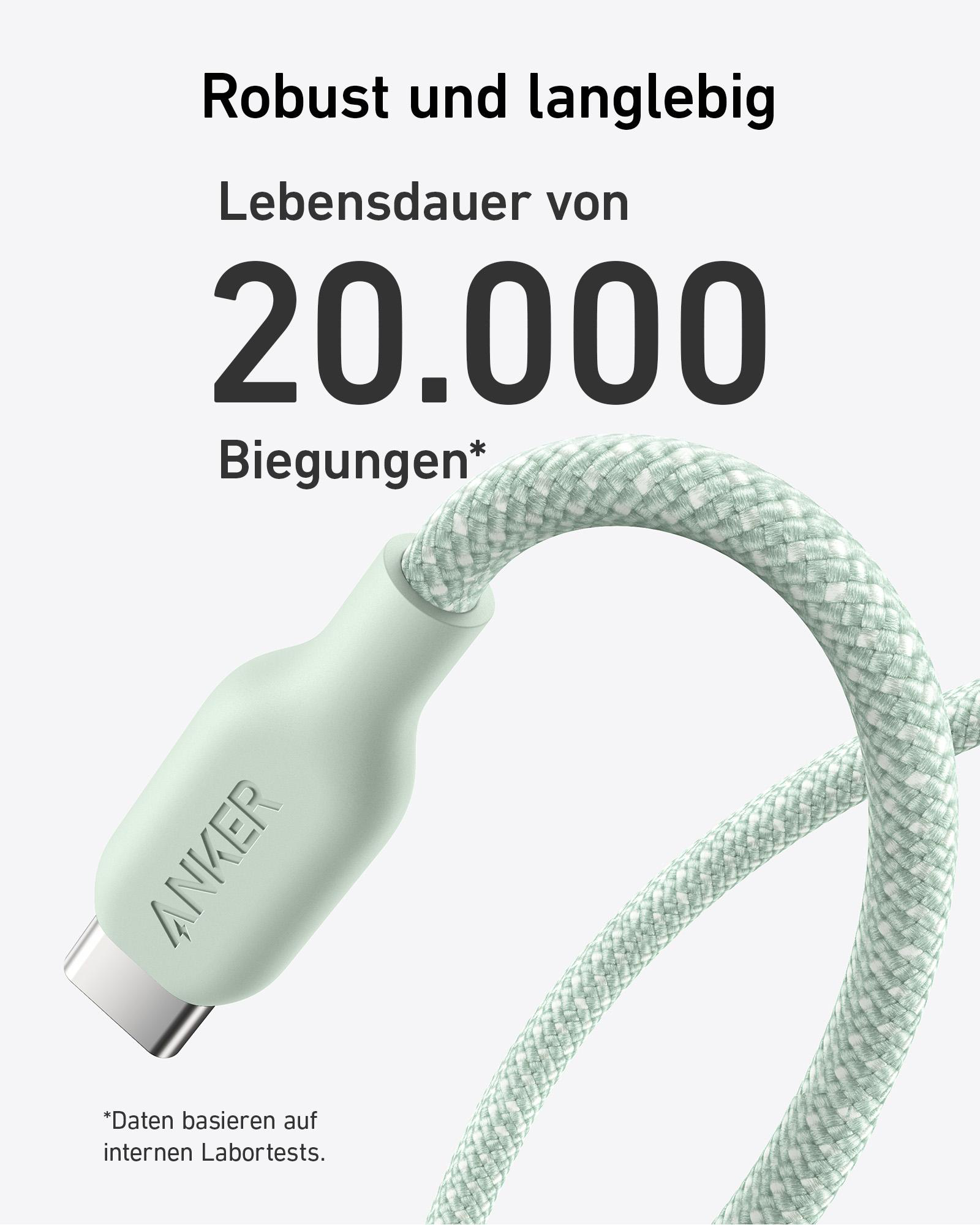 Grünes und weißes Anker USB-C-Kabel mit Stecker und gebogener Schnur.