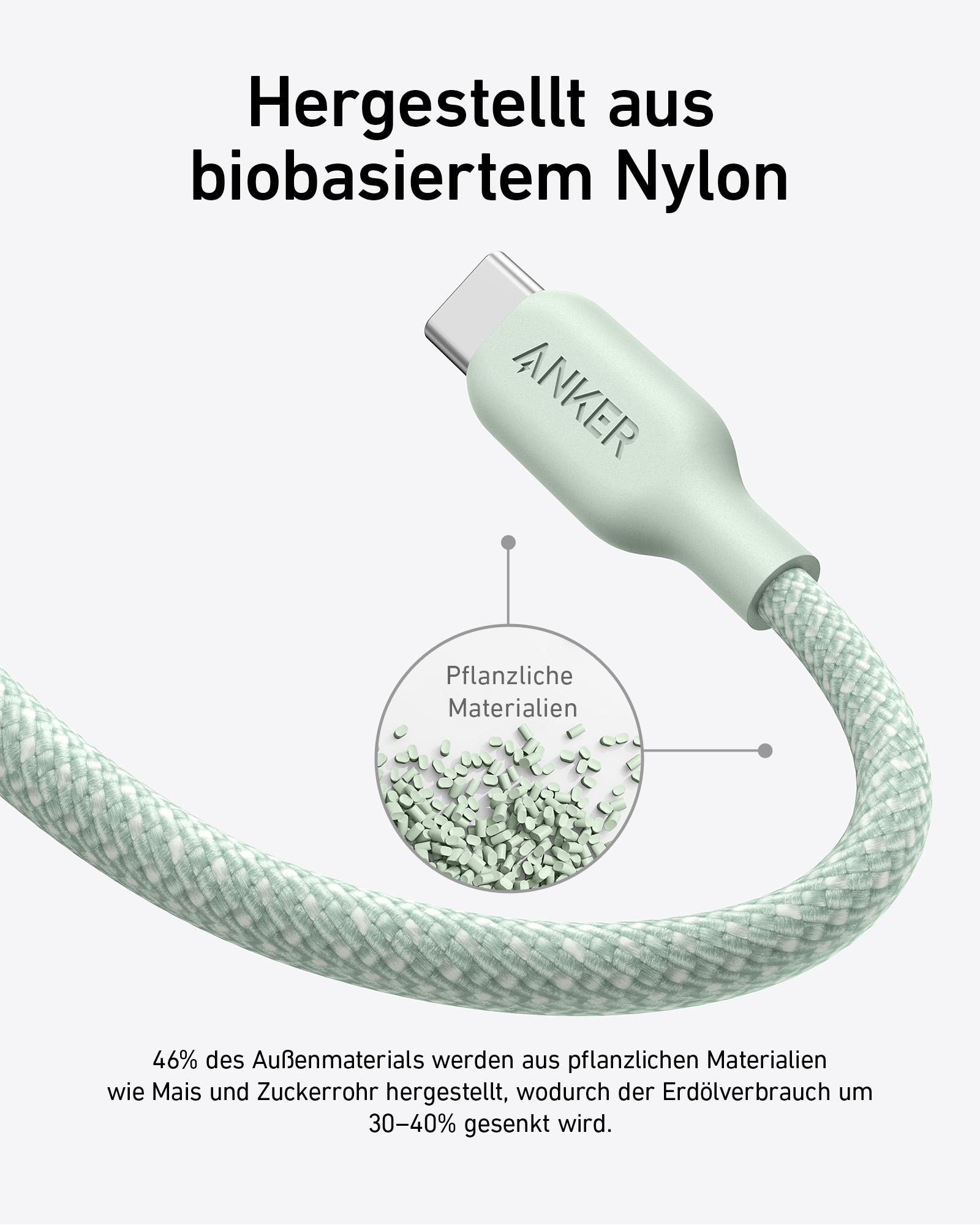Nahaufnahme eines Ladekabels, mintgrün. Zeigt das Material.