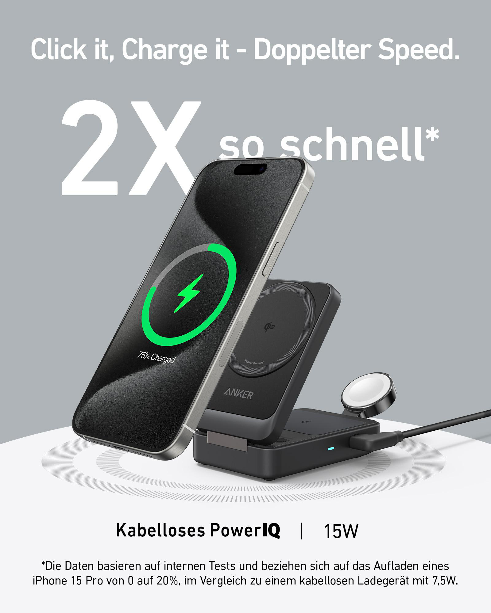 Ein Telefon mit einem grünen Ladesymbol liegt auf einem kabellosen Ladepad.