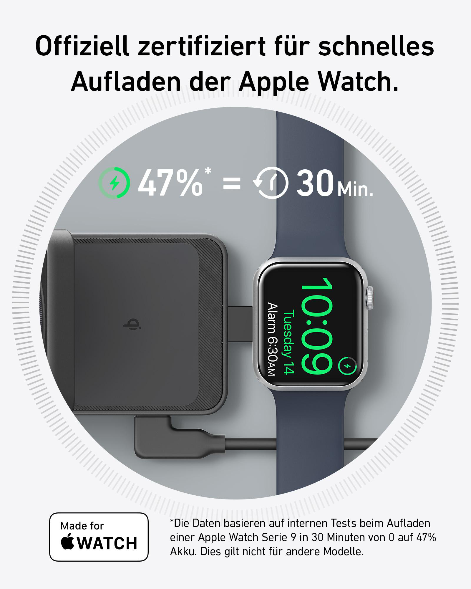 Eine Apple Watch auf einer Ladestation mit einem grünen Batteriesymbol.