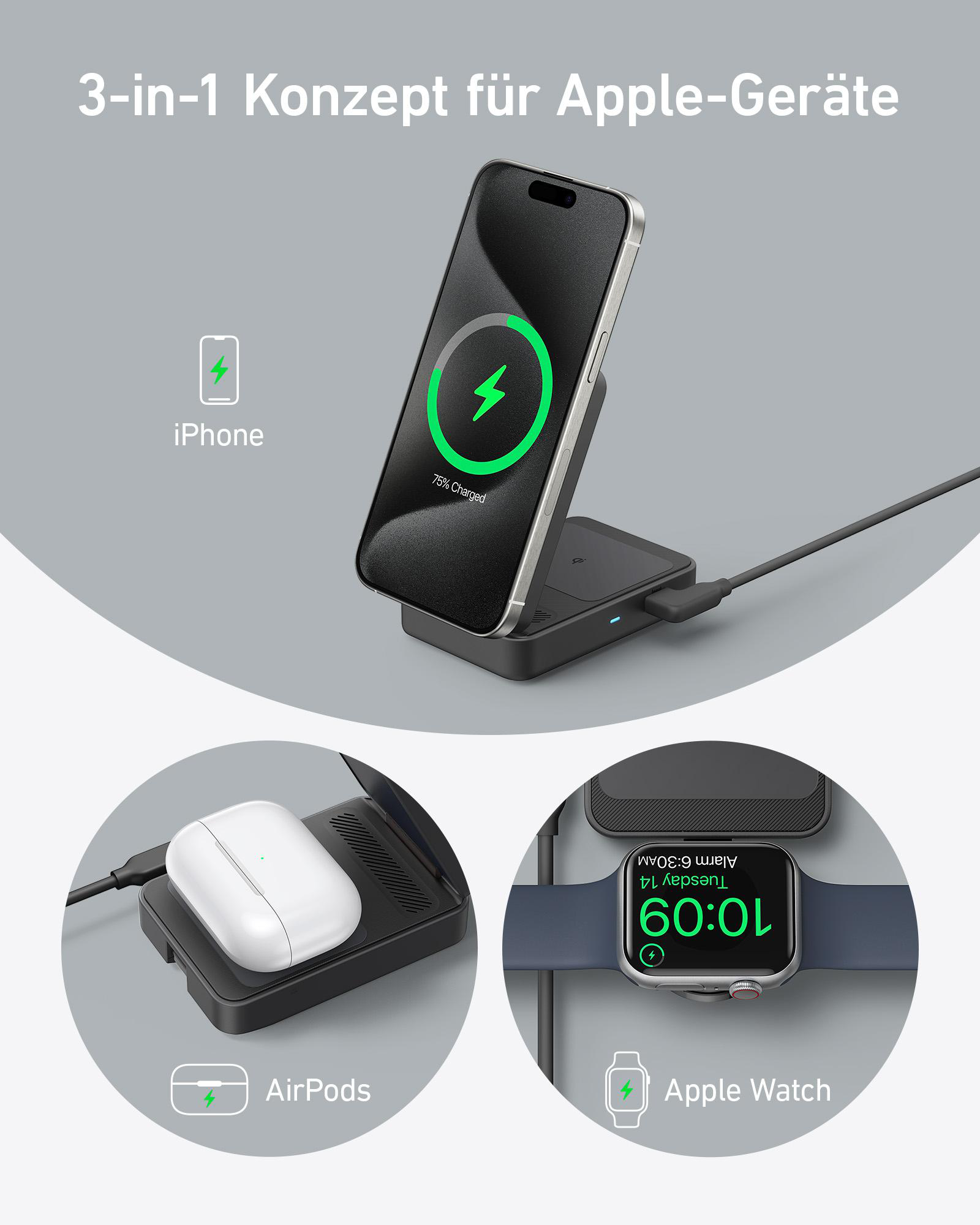 Eine 3-in-1-Ladestation für Apple-Geräte, einschließlich iPhone, AirPods und Apple Watch.