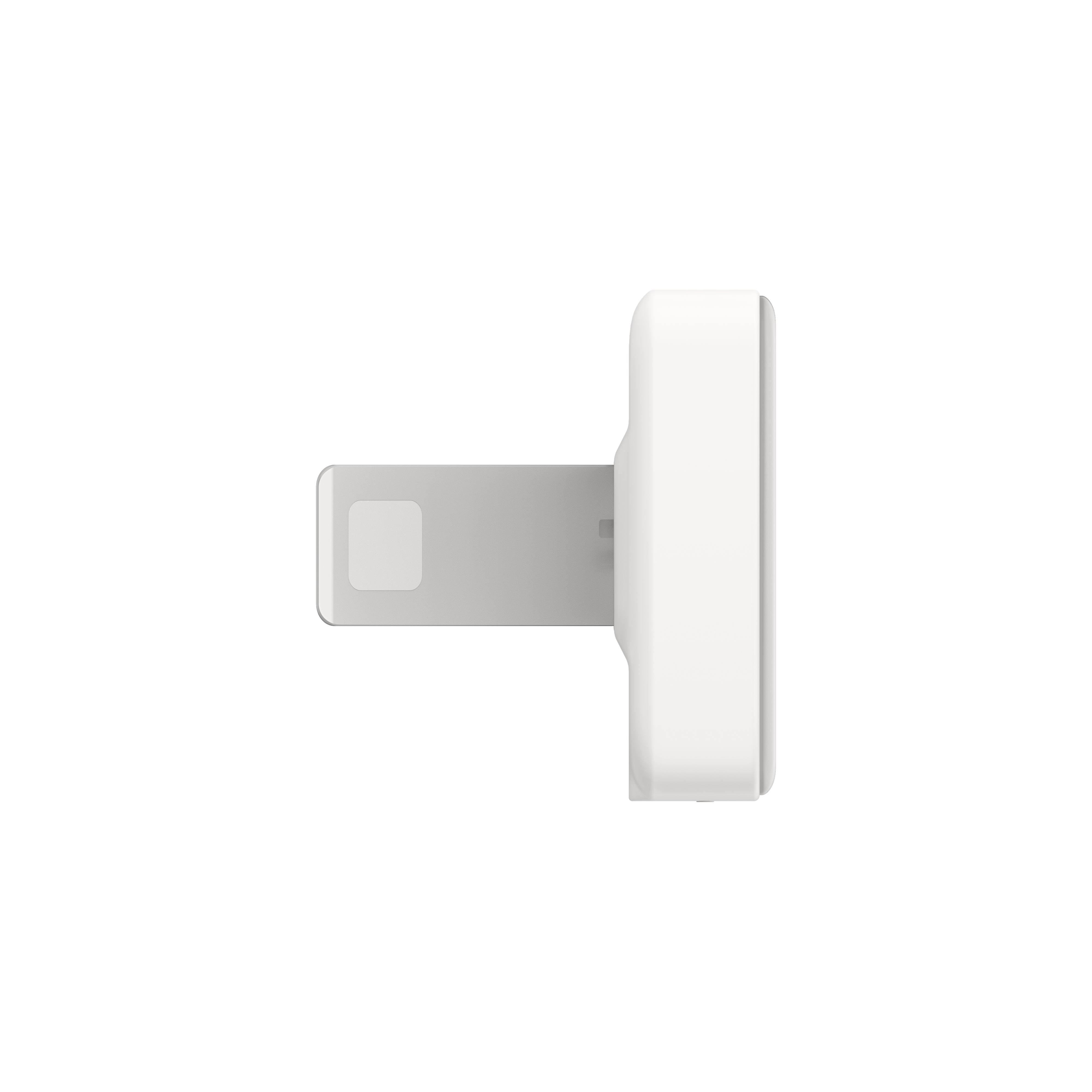 Ein weißer Apple Lightning-auf-USB-Adapter, von der Seite betrachtet.