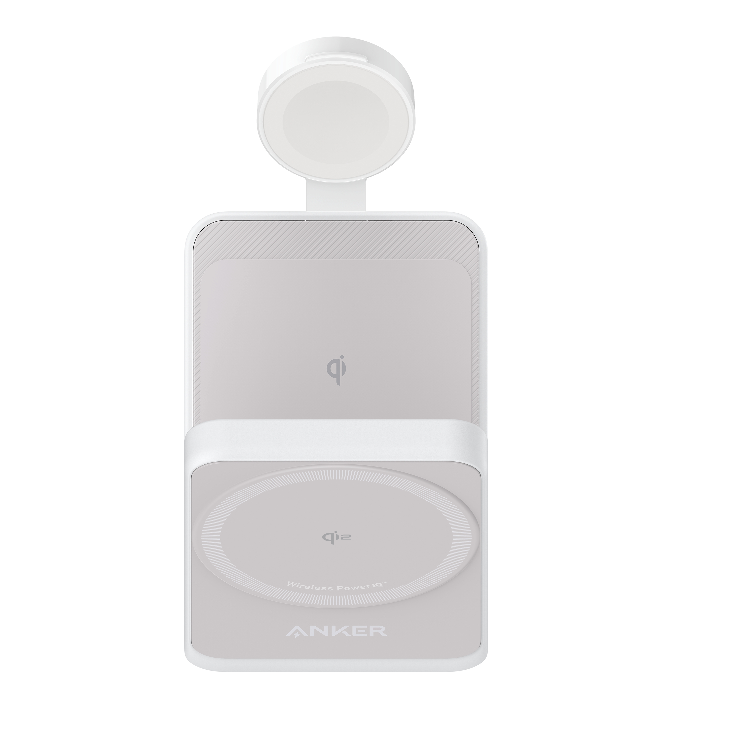 Weißes 3-in-1-Wireless-Ladegerät mit einem Uhrenladegerät.
