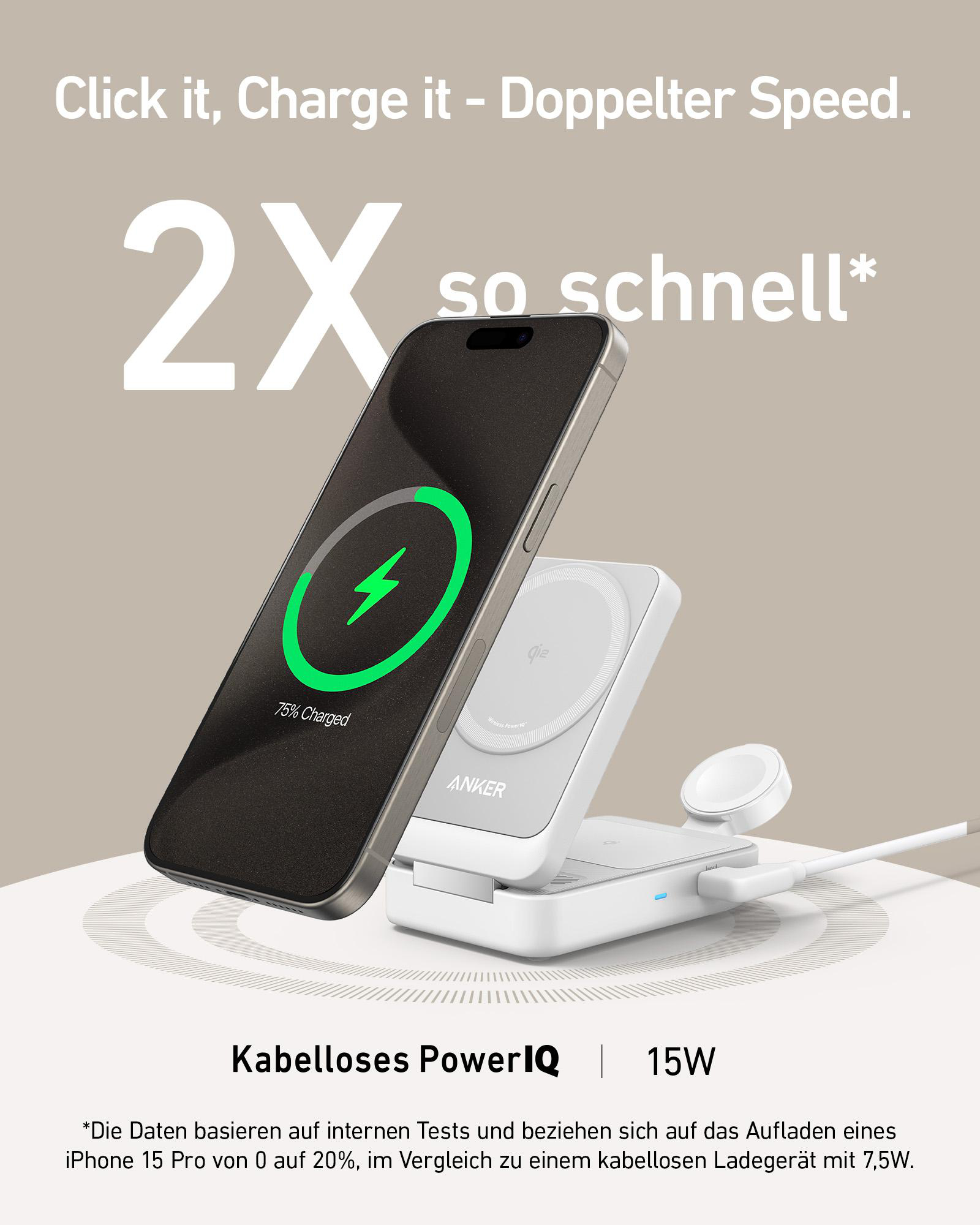 Eine weiße Anker-Ladestation mit Telefon und Uhr, die eine Ladeanzeige zeigt.