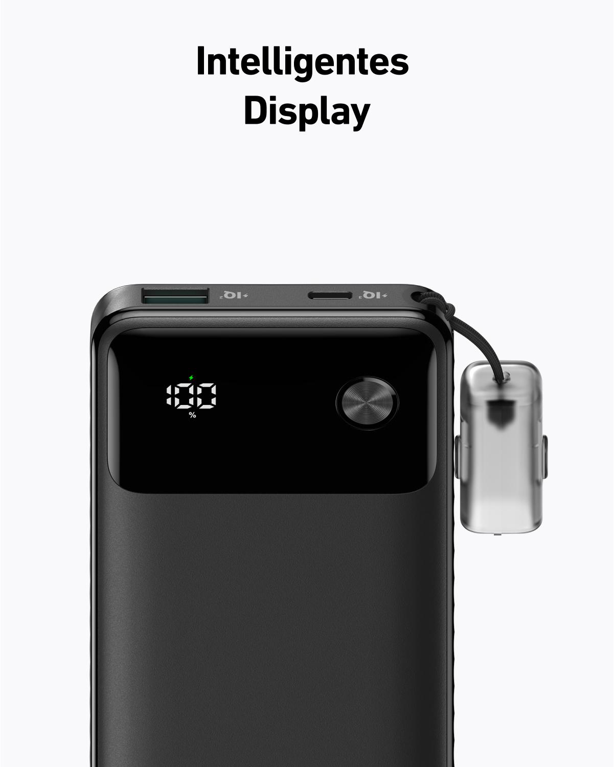 Schwarze Powerbank mit Digitalanzeige, die 88 % Ladung anzeigt. Text oben.