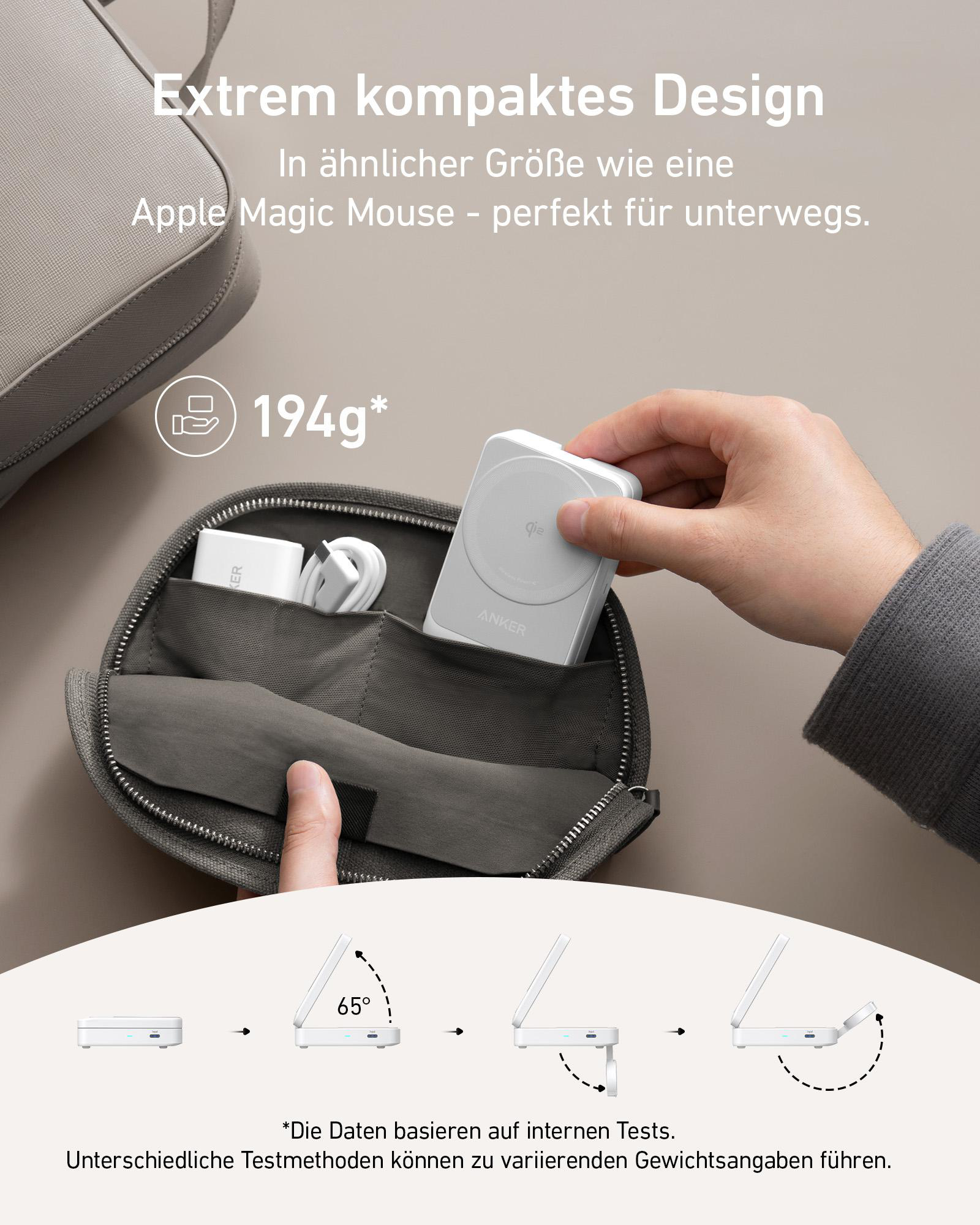 Ein weißes kabelloses Ladegerät mit Gegenständen in einer Tasche.