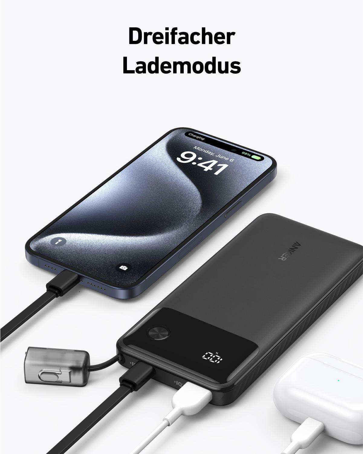 Ein Telefon und zwei AirPods laden an einer schwarzen Powerbank, mit Ladekabel.
