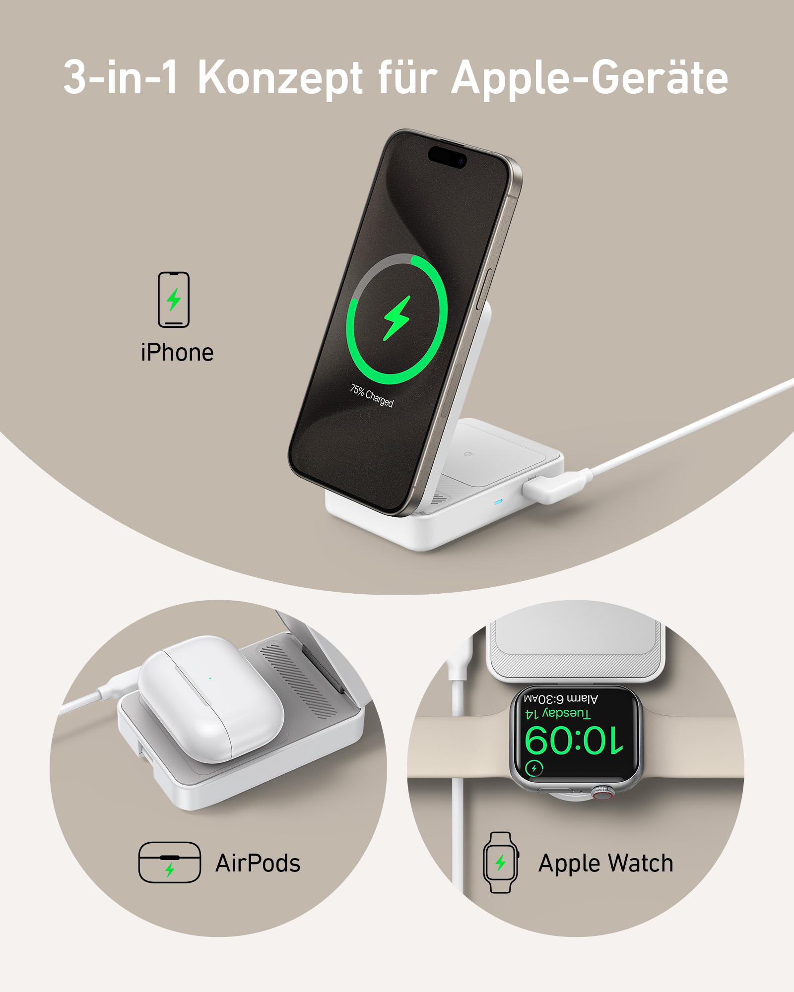 Eine weiße Ladestation mit einem iPhone, AirPods und Apple Watch, die alle geladen werden. Das iPhone ist bei 76 %.