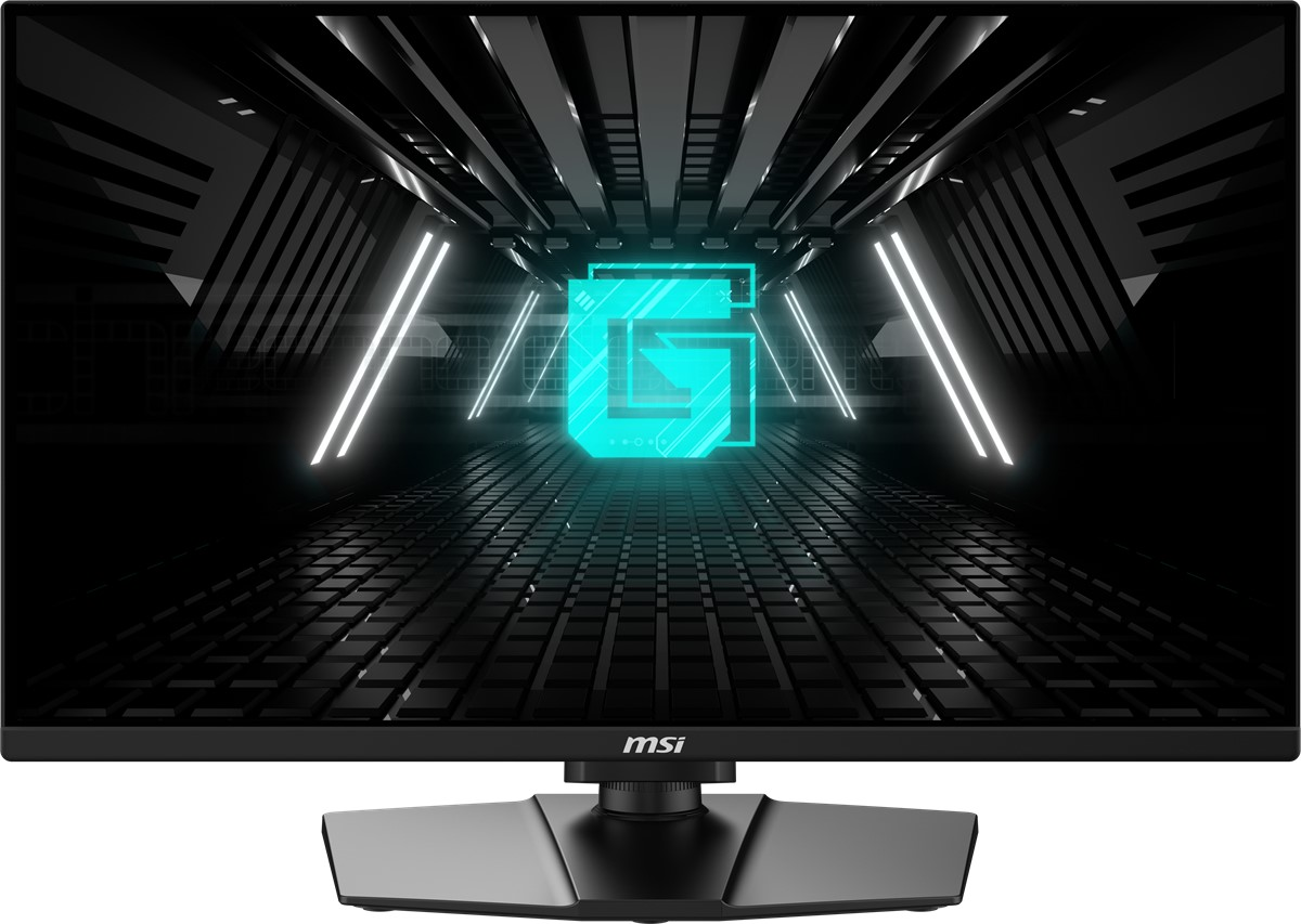 Siyah bir MSI monitör, karanlık bir tünelin içinde neon bir G logosu gösteriyor.