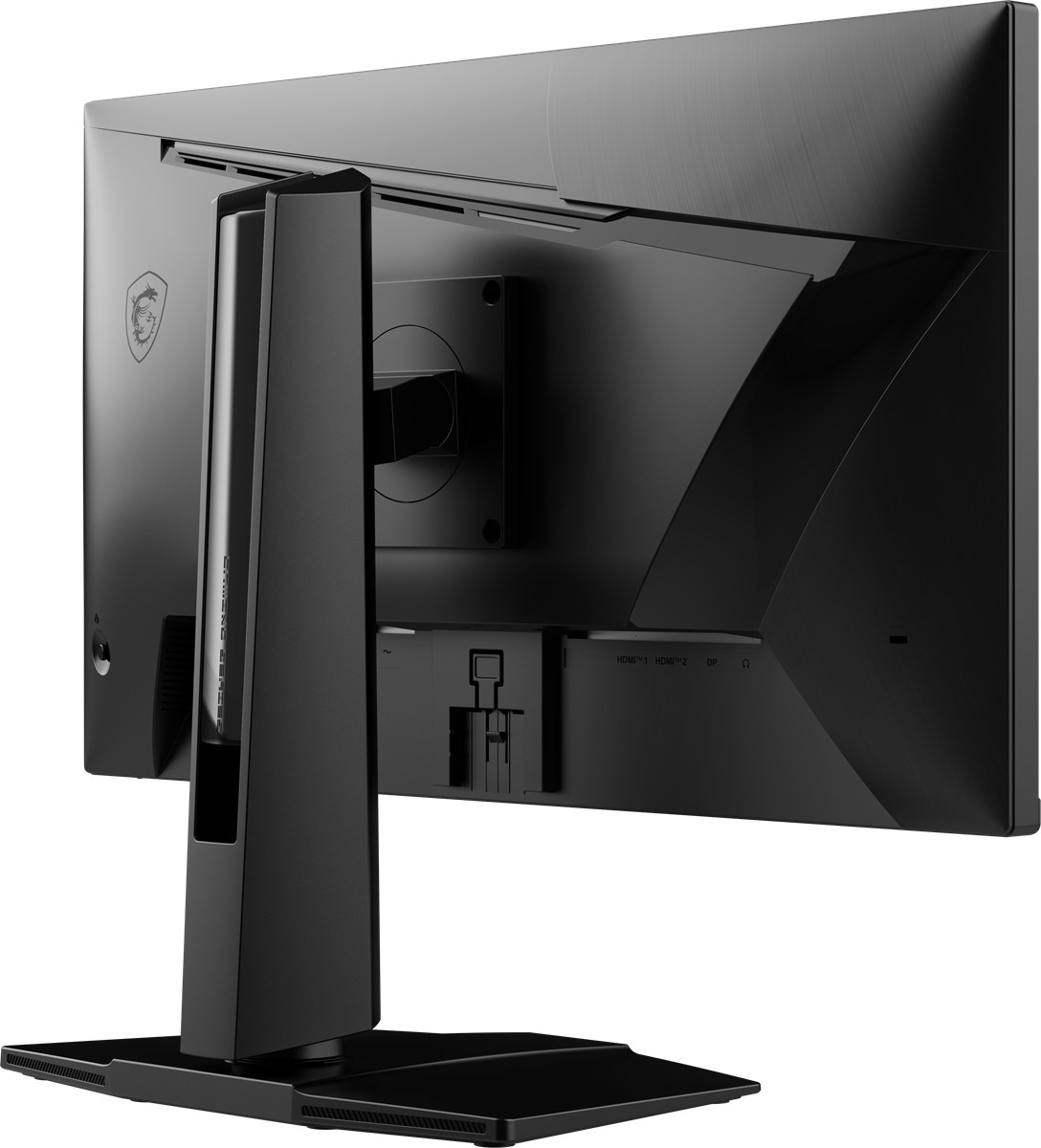 Siyah bir bilgisayar monitörünün arkası, stand, bağlantı noktaları ve logo ile.
