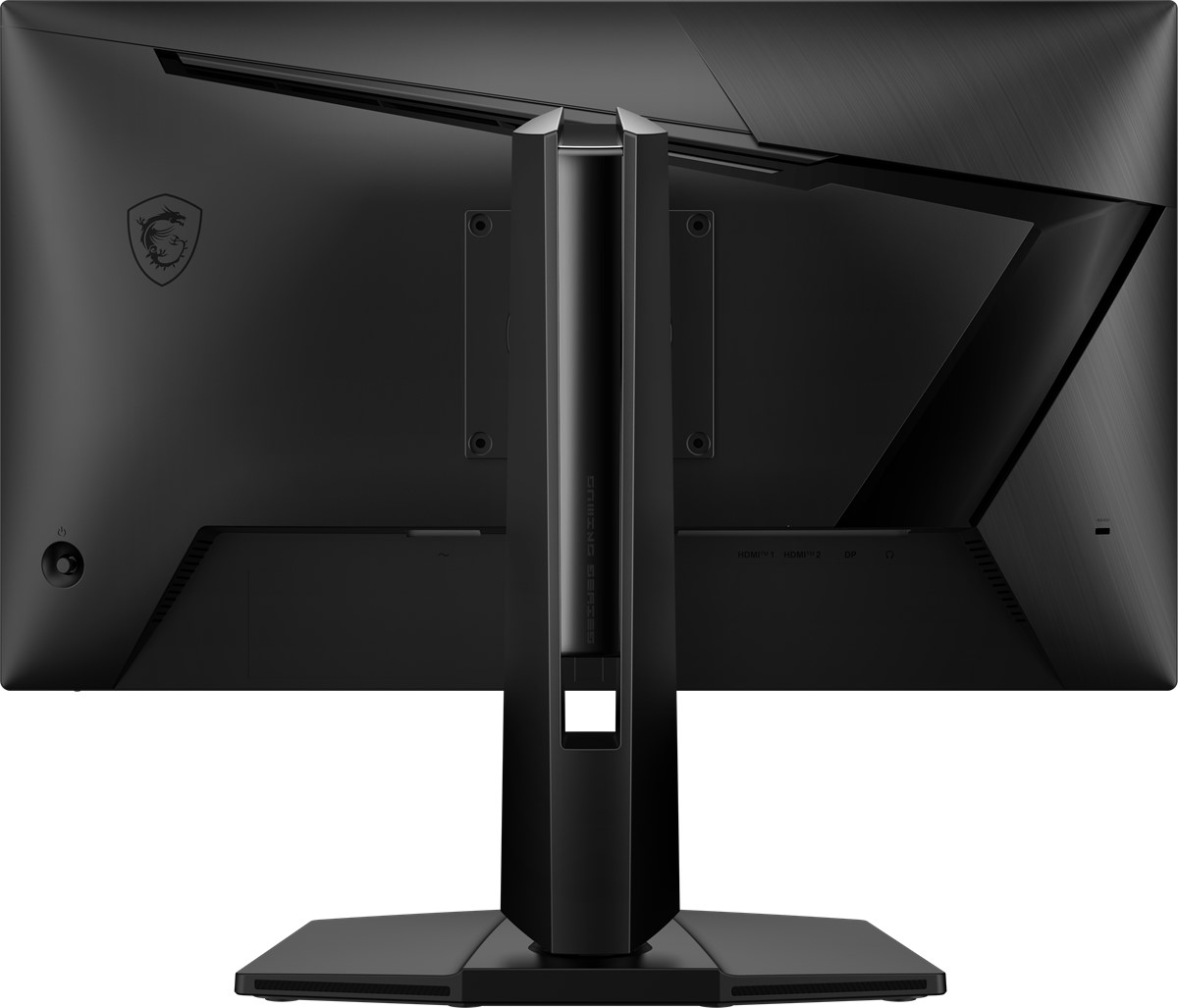 MSI monitörün siyah arkası, bağlantı noktalarını ve standı gösteriyor.