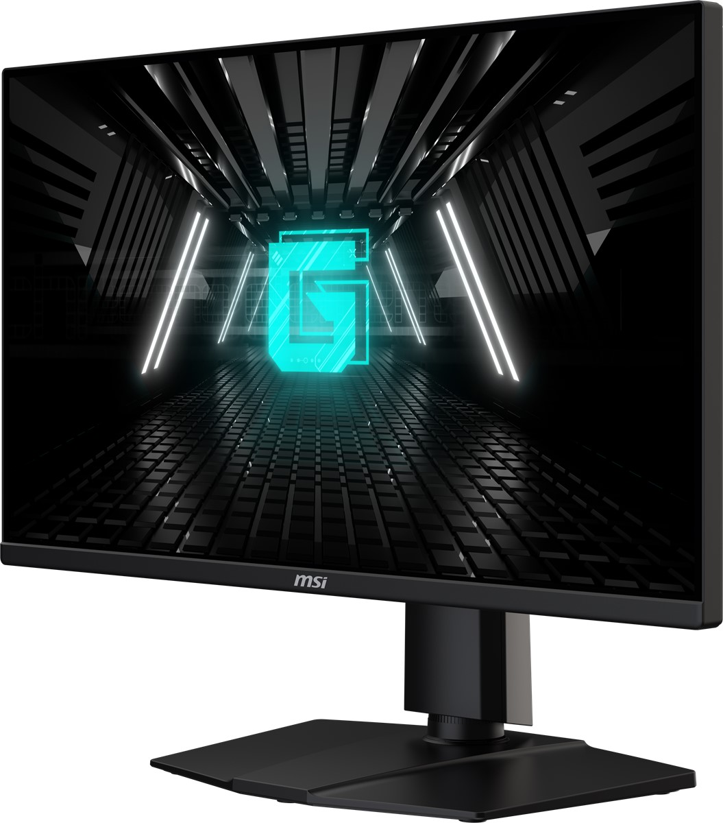 Koyu bir arka plan üzerinde mavi 'G' logosu olan bir MSI oyun monitörü ve bir stand.
