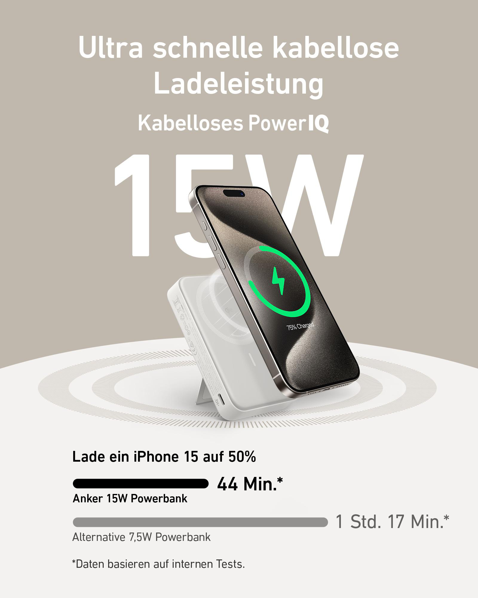 Ein Mobiltelefon, das auf einem Ständer aufgeladen wird, mit Textüberlagerung.