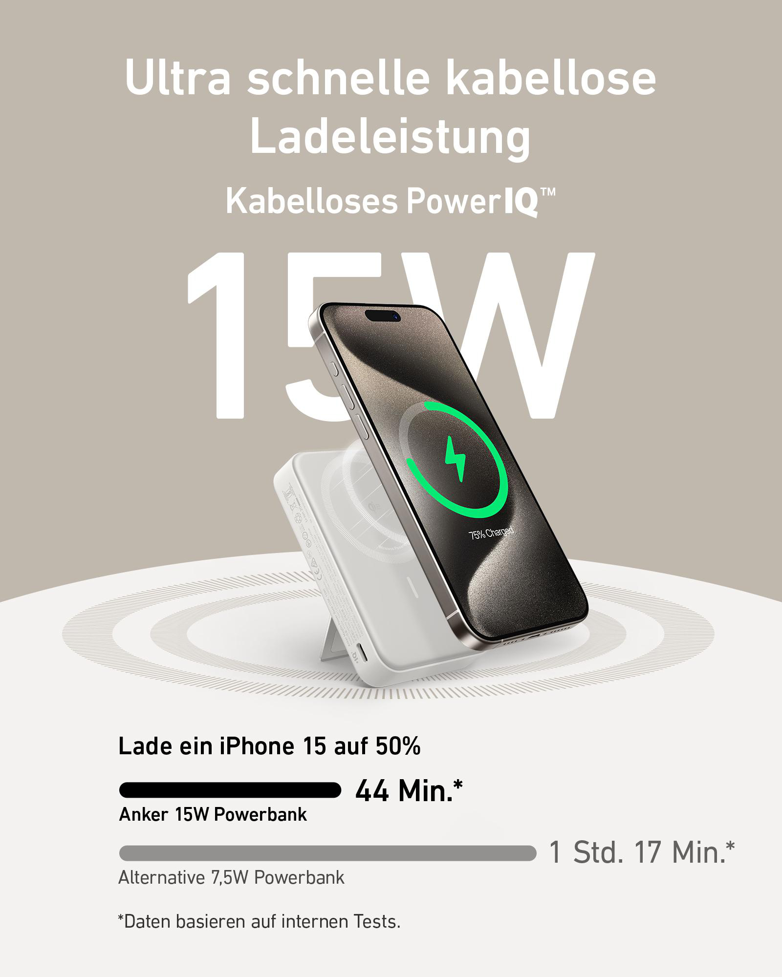 Ein Telefon lädt auf einer weißen Powerbank, der Bildschirm zeigt Ladestatus mit Blitz.