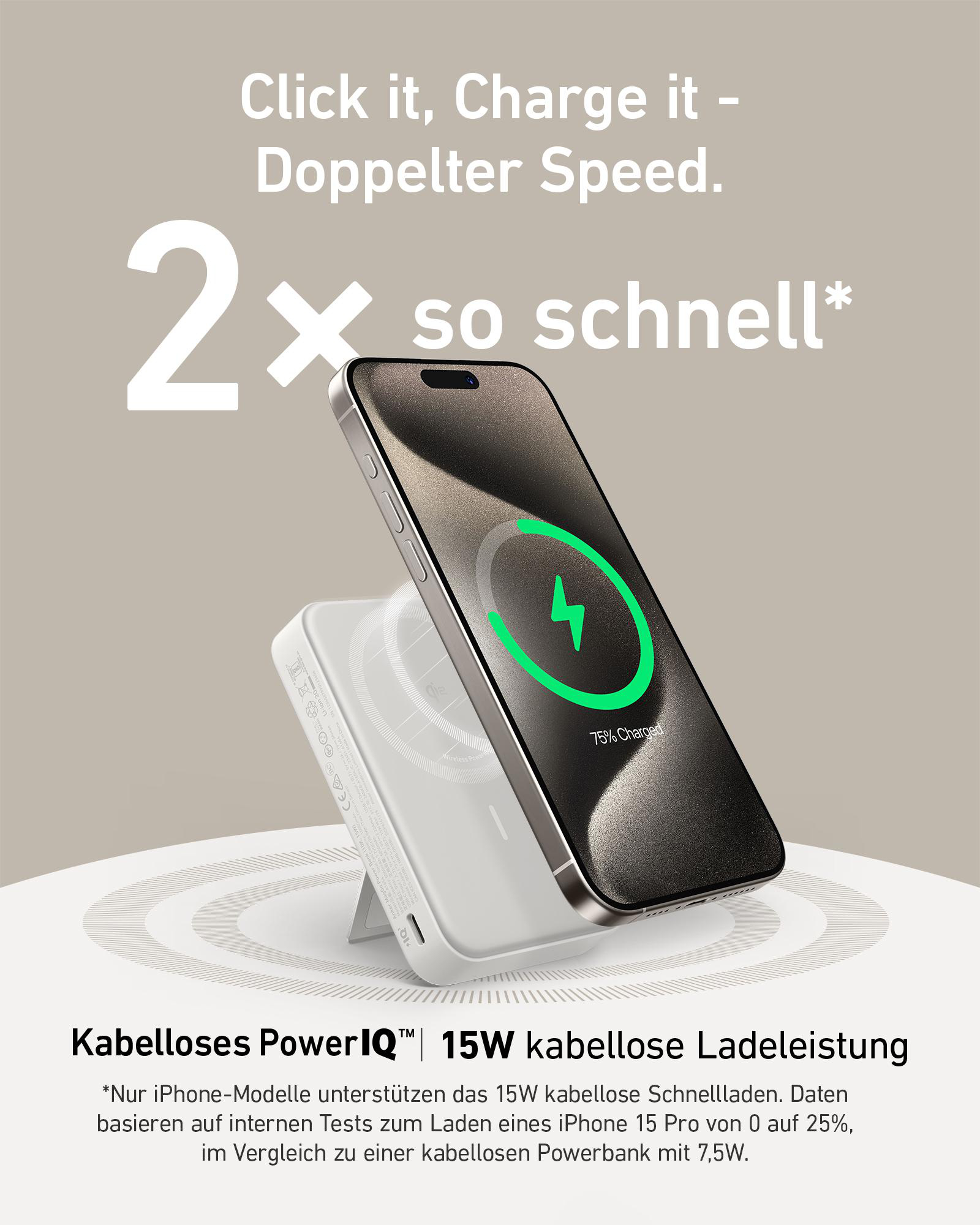 Ein Telefon lädt auf einer weißen Powerbank, der Bildschirm zeigt Ladestatus mit Blitz.