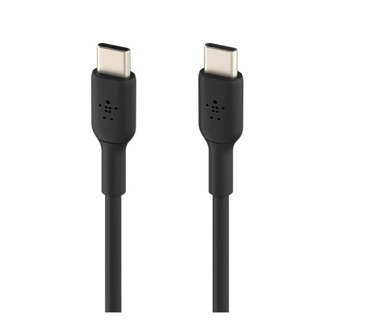 Beyaz zemin üzerinde yan yana iki siyah Belkin USB-C kablosu.