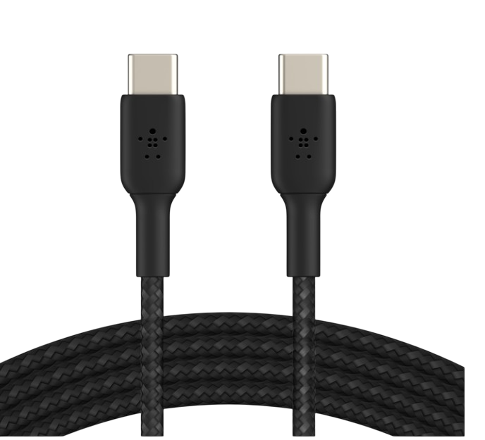 Şarj veya veri aktarımı için iki konektörlü siyah USB-C kablosu.