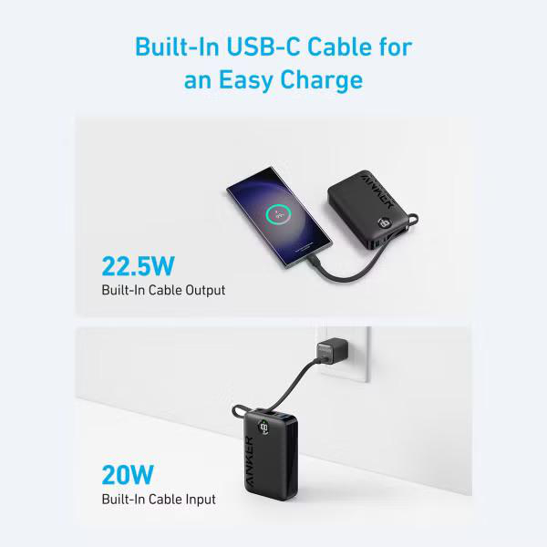Diagramm, das eine Powerbank zeigt, die ein Telefon lädt und aus der Steckdose geladen wird. Text enthalten.