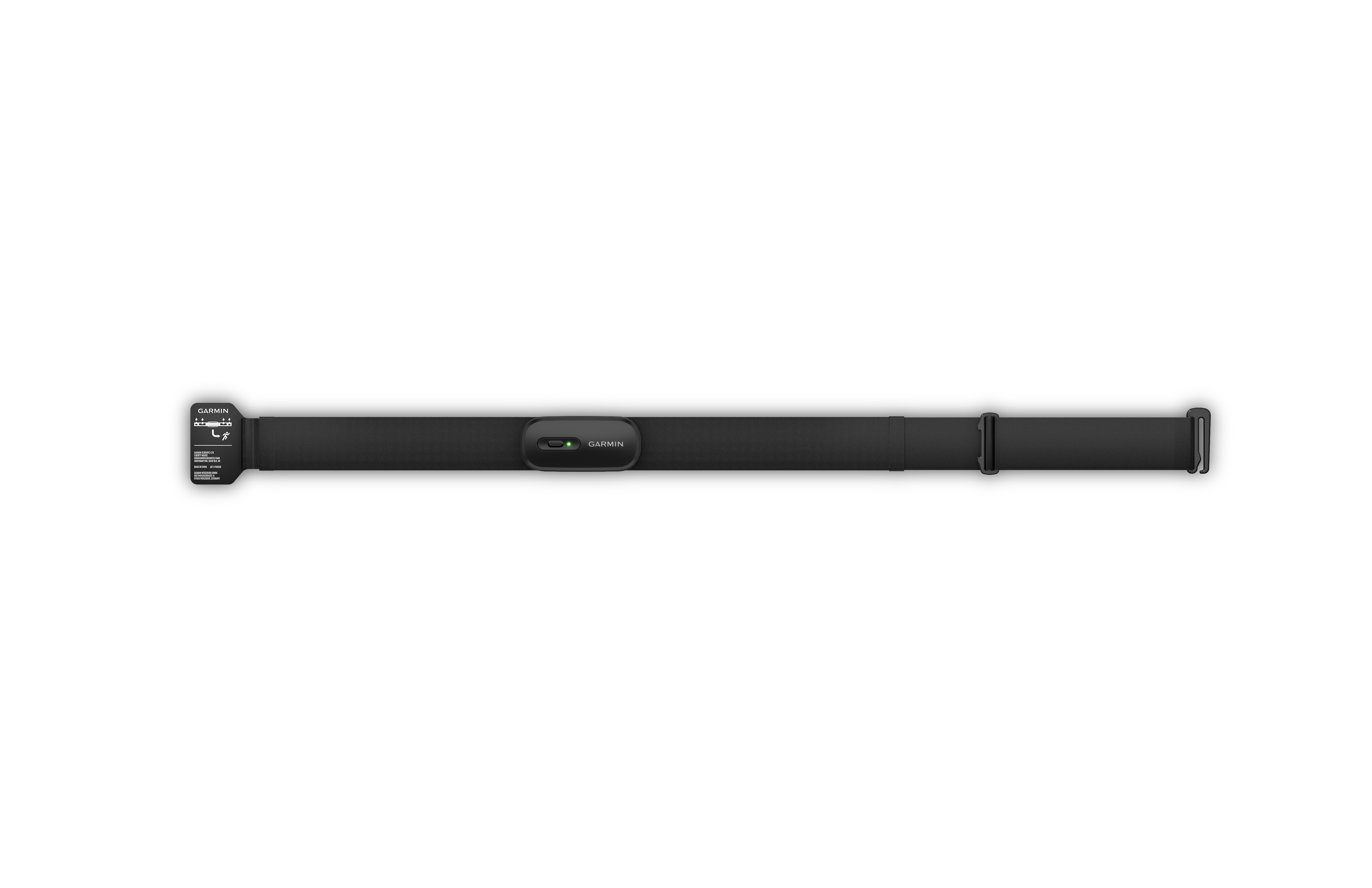 Ein schwarzer Garmin Herzfrequenz-Monitor-Gurt auf schwarzem Hintergrund.