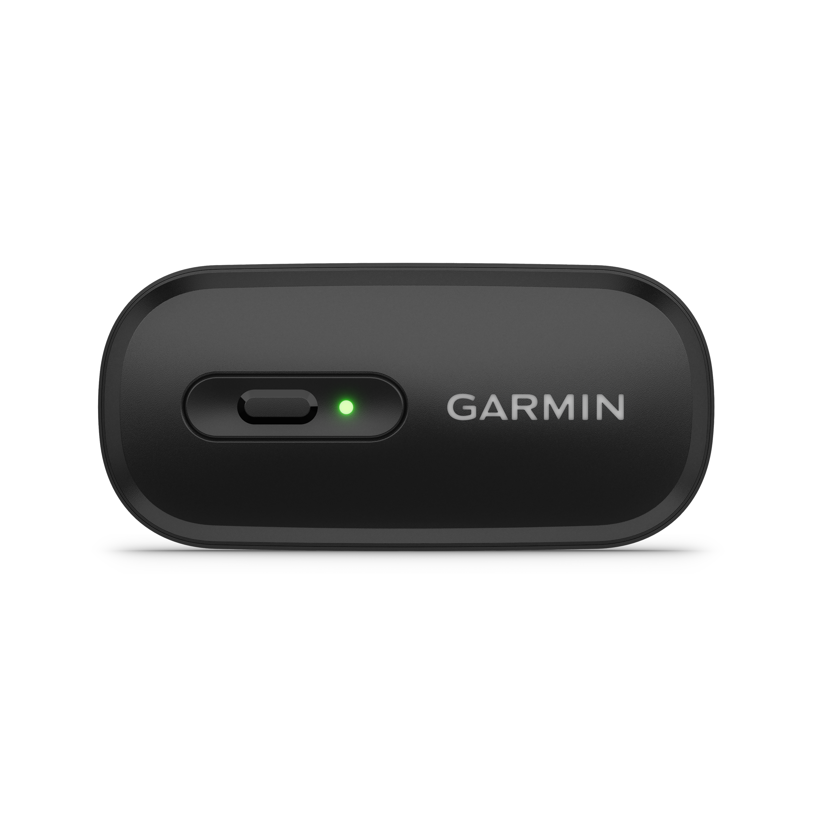 Ein schwarzes Garmin-Gerät mit grünem Licht und Knopf.