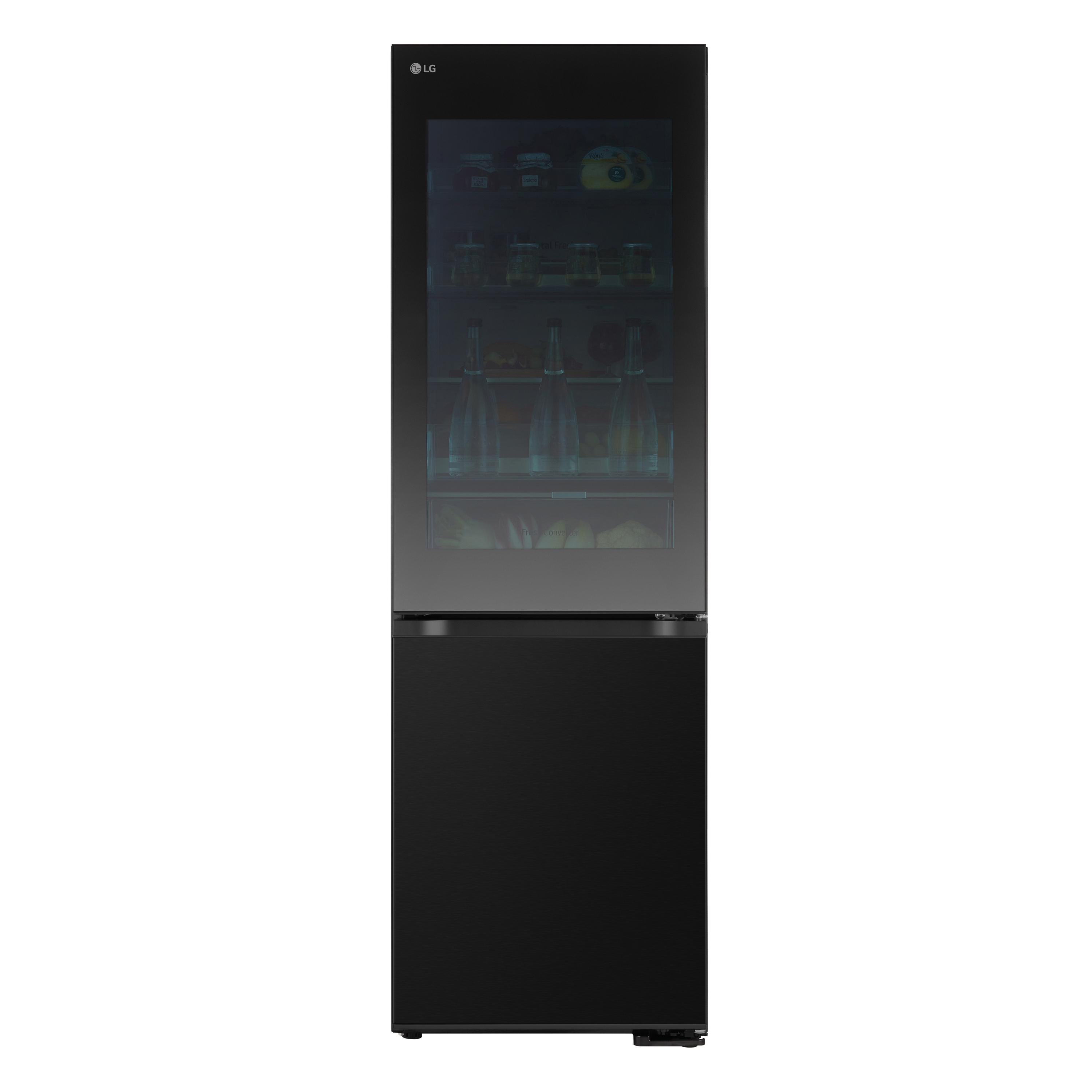 Schwarzer LG Kühlschrank. Hat eine Glasfront mit Inhalt. Es ist ein hohes, modernes Gerät.