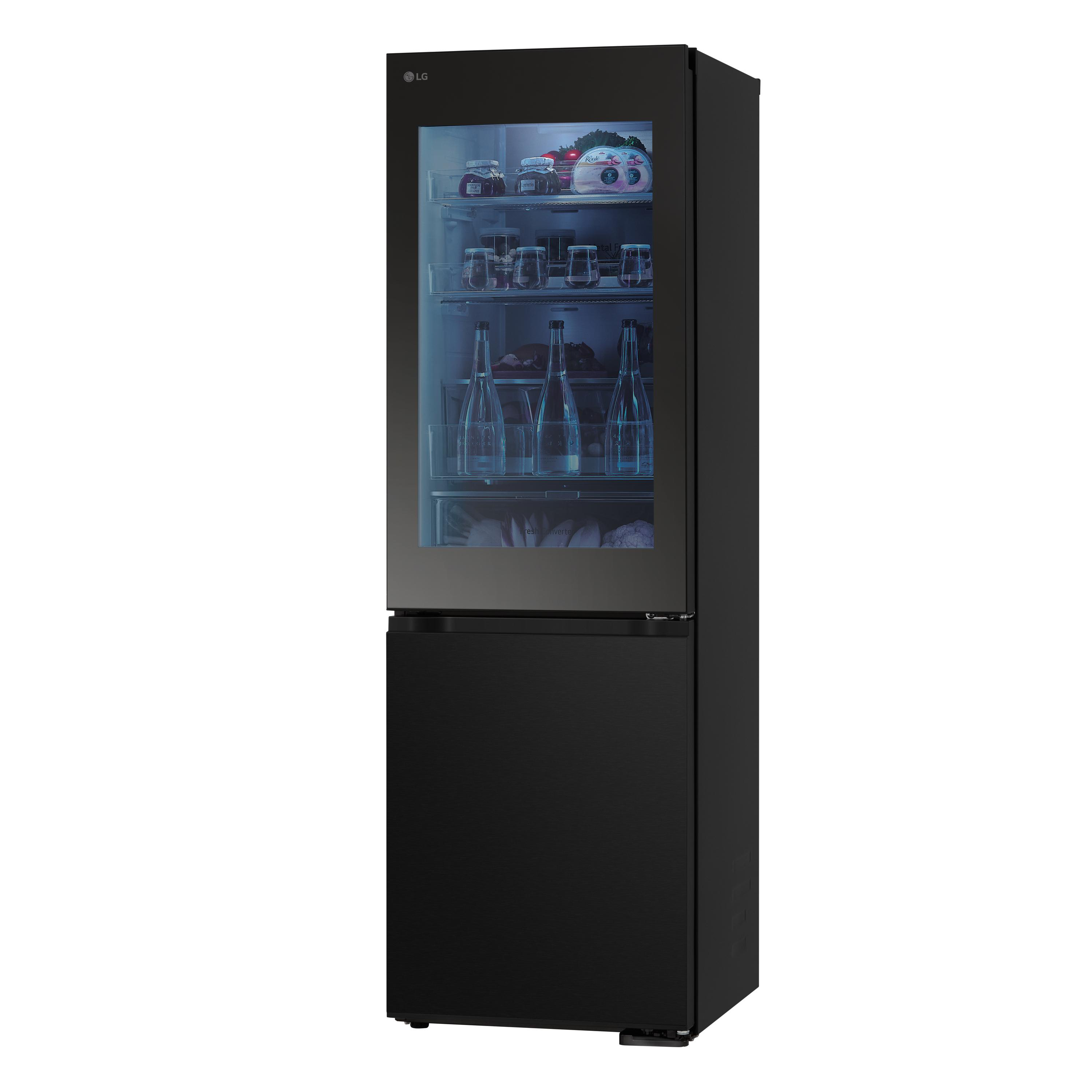Schwarzer LG Kühlschrank mit Glastür, zeigt Flaschen im Inneren.