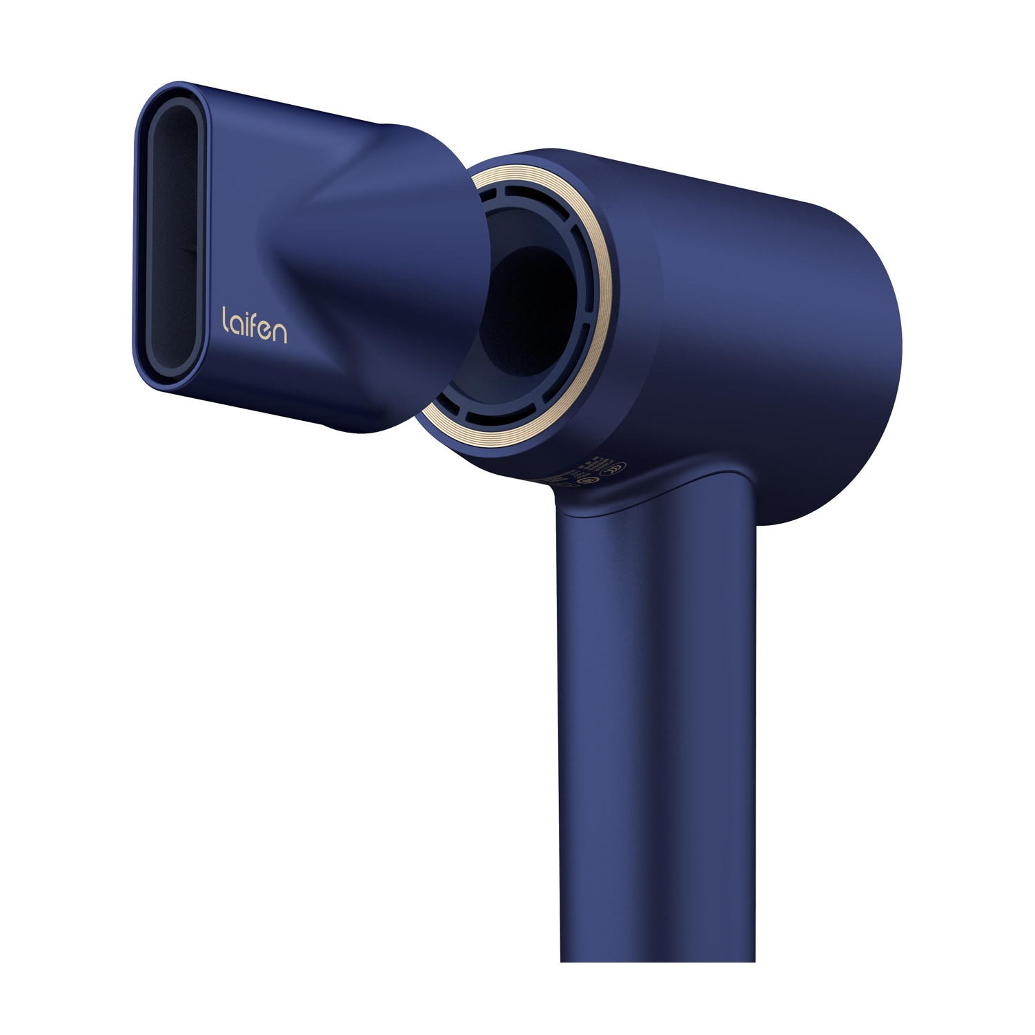 Un asciugacapelli Laifen blu con ugello ovale, che mostra il suo design e la sua forma.
